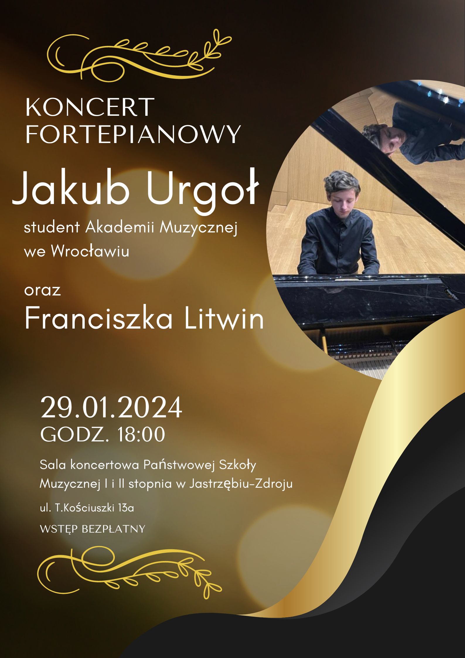 Plakat na Koncert fortepianowy Jakuba Urgoł.