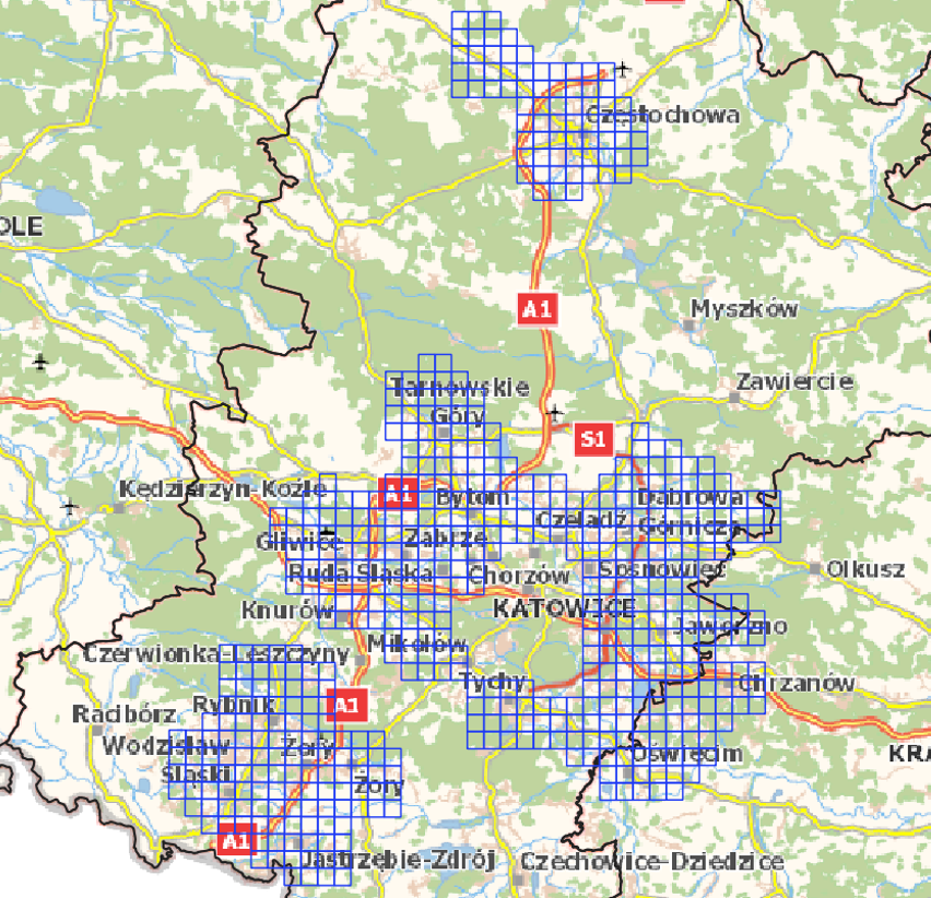 Ilustracja przedstawia zrzut ekranu z zasięgiem nowo przyjętych danych dla obszaru województwa śląskiego i małopolskiego.