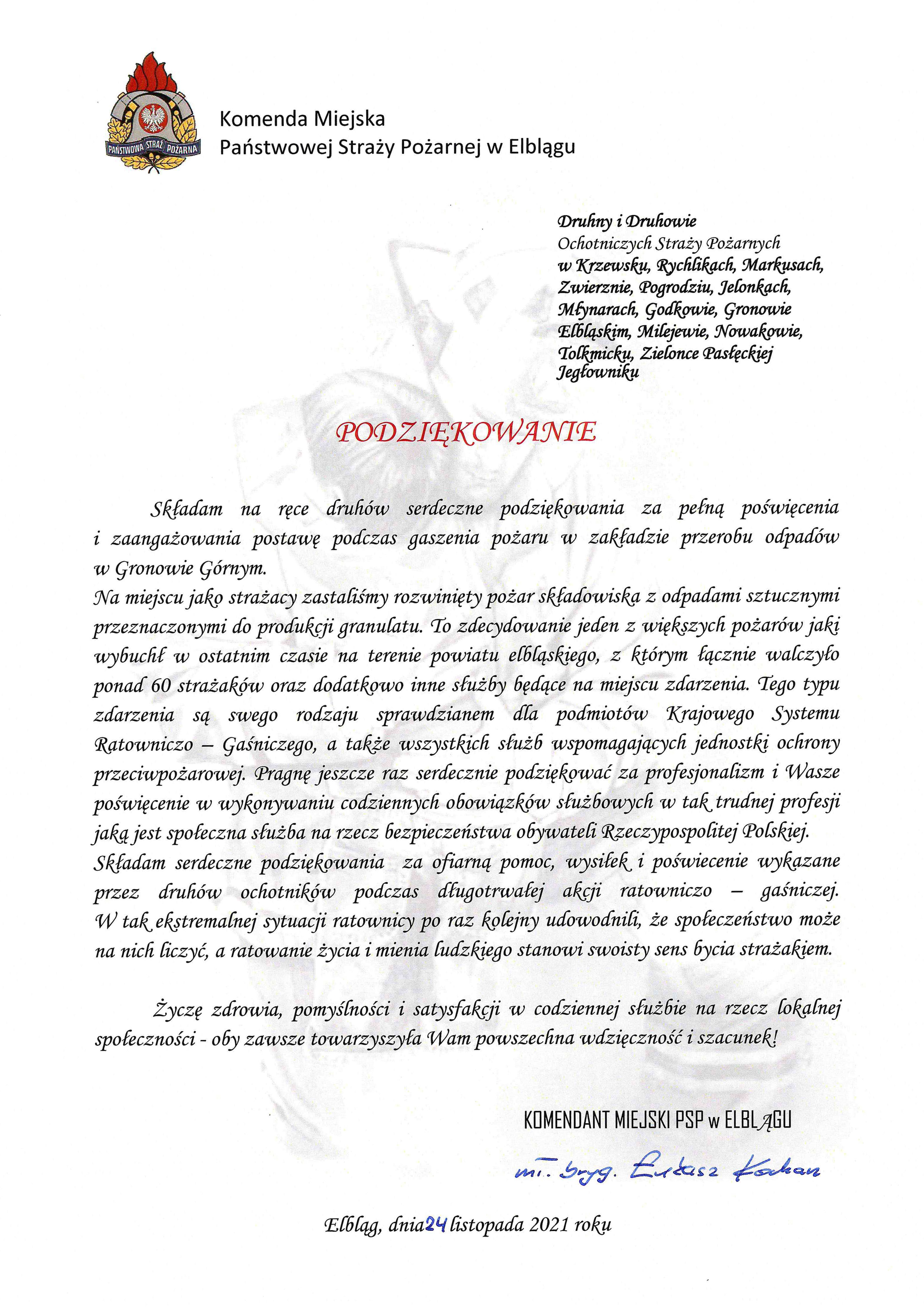 Tekst podziękowania Komendanta Miejskiego PSP w Elblągu dla druhów Ochotniczych Straży Pożarnych