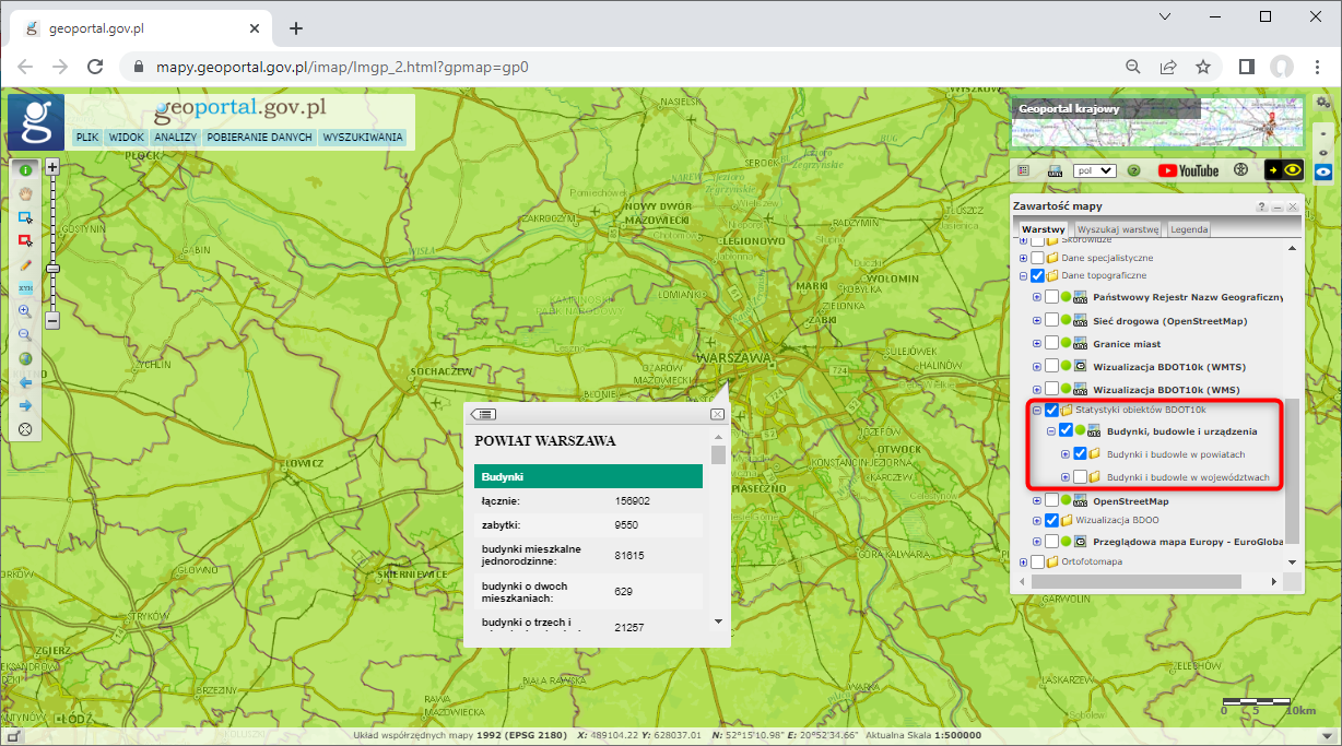 zrzut z serwisu www.geoportal.gov.pl przedstawiający nowa usługę ze statystykami budynków z BDOT10k
