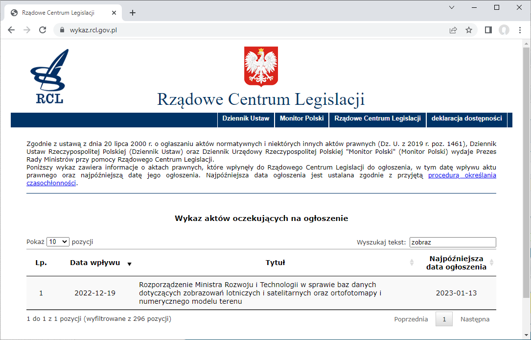Ilustracja przedstawia zrzut ekranu z serwisu internetowego Rządowego Centrum Legislacji z informacjami dotyczacymi rozporządzenia fotogrametrycznego 