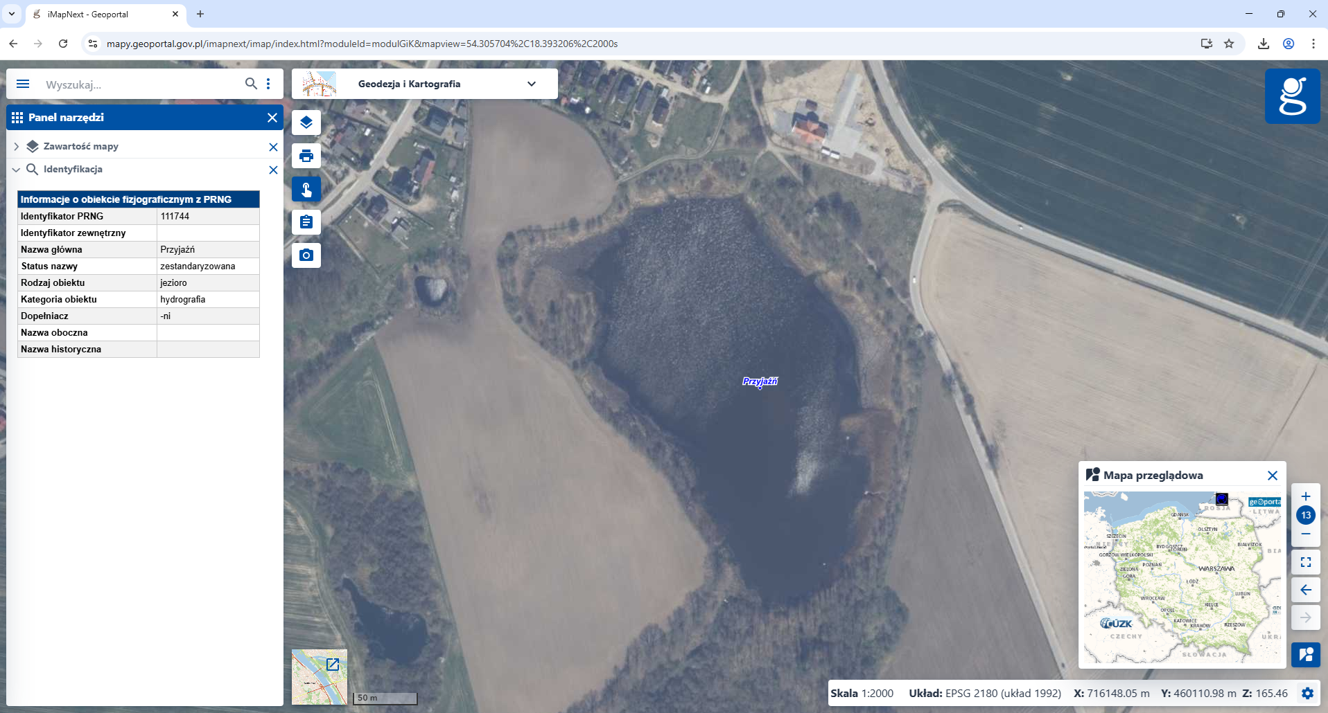 zrzut z Geoportalu przedstawiający Jezioro Przyjaźń