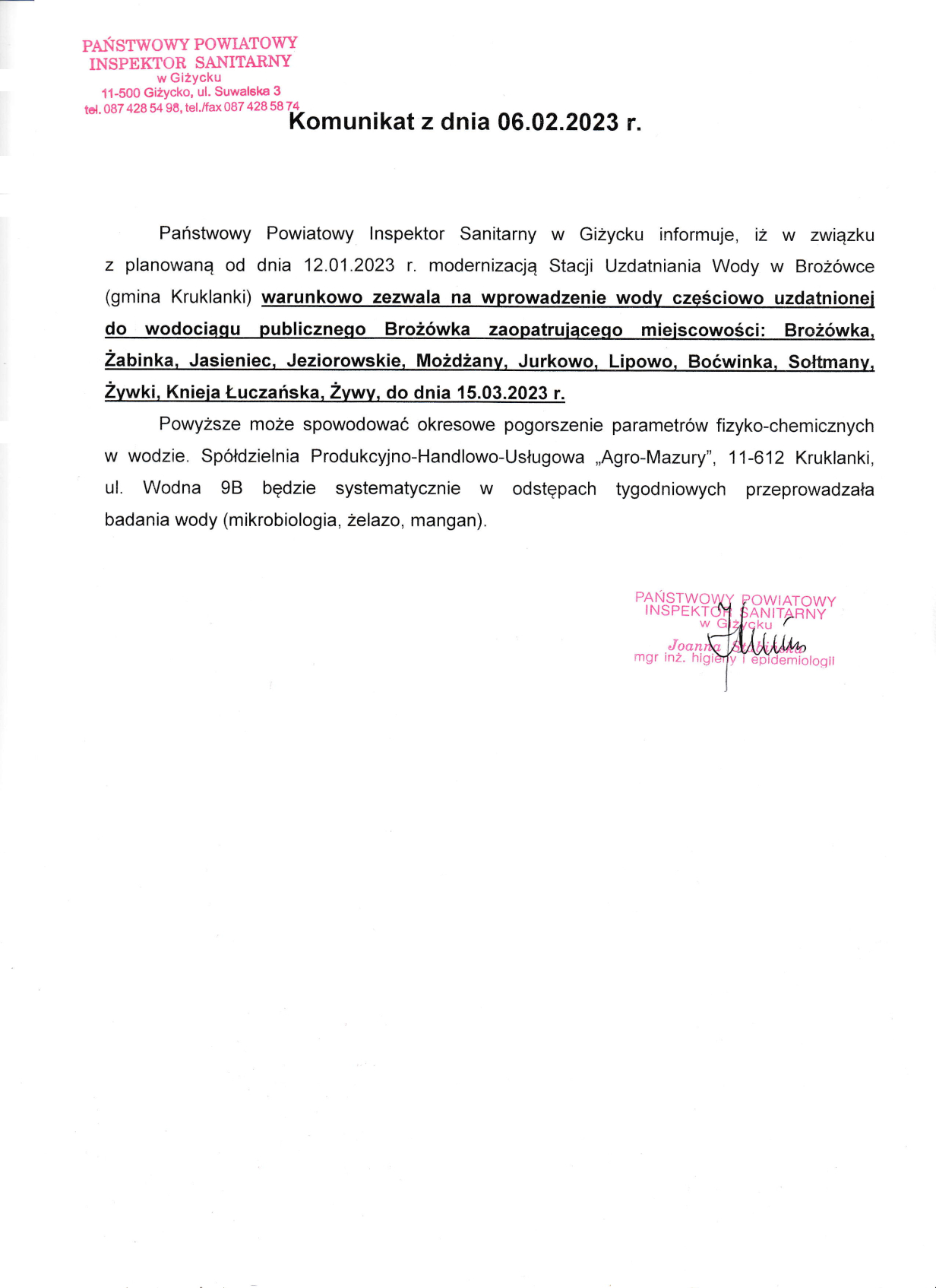 Komunikat z dnia 06.02.2023 r. (dot. wodociągu publicznego Brożówka)