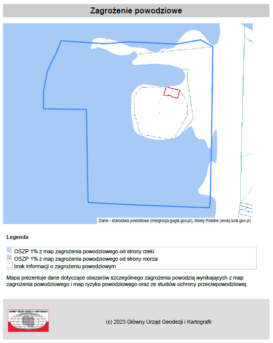 Ilustracja prezentuje sekcje raportu o działce dotyczącą zagrożenia powodziowego