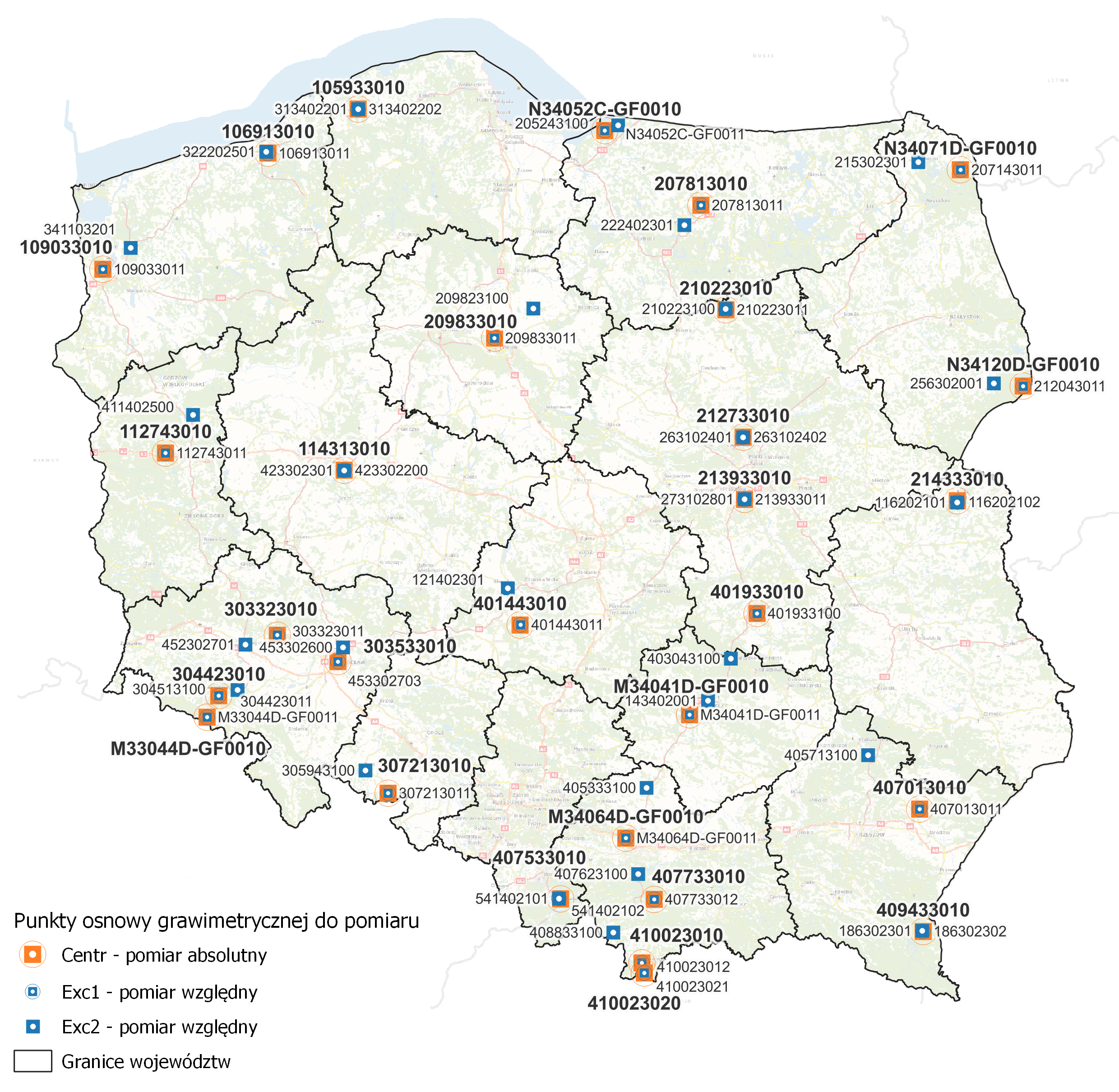 Ilustracja przedstawia mapę Polski z rozmieszczeniem punktów osnowy grawimetrycznej przewidzianych do opracowania w ramach podpisanej umowy.