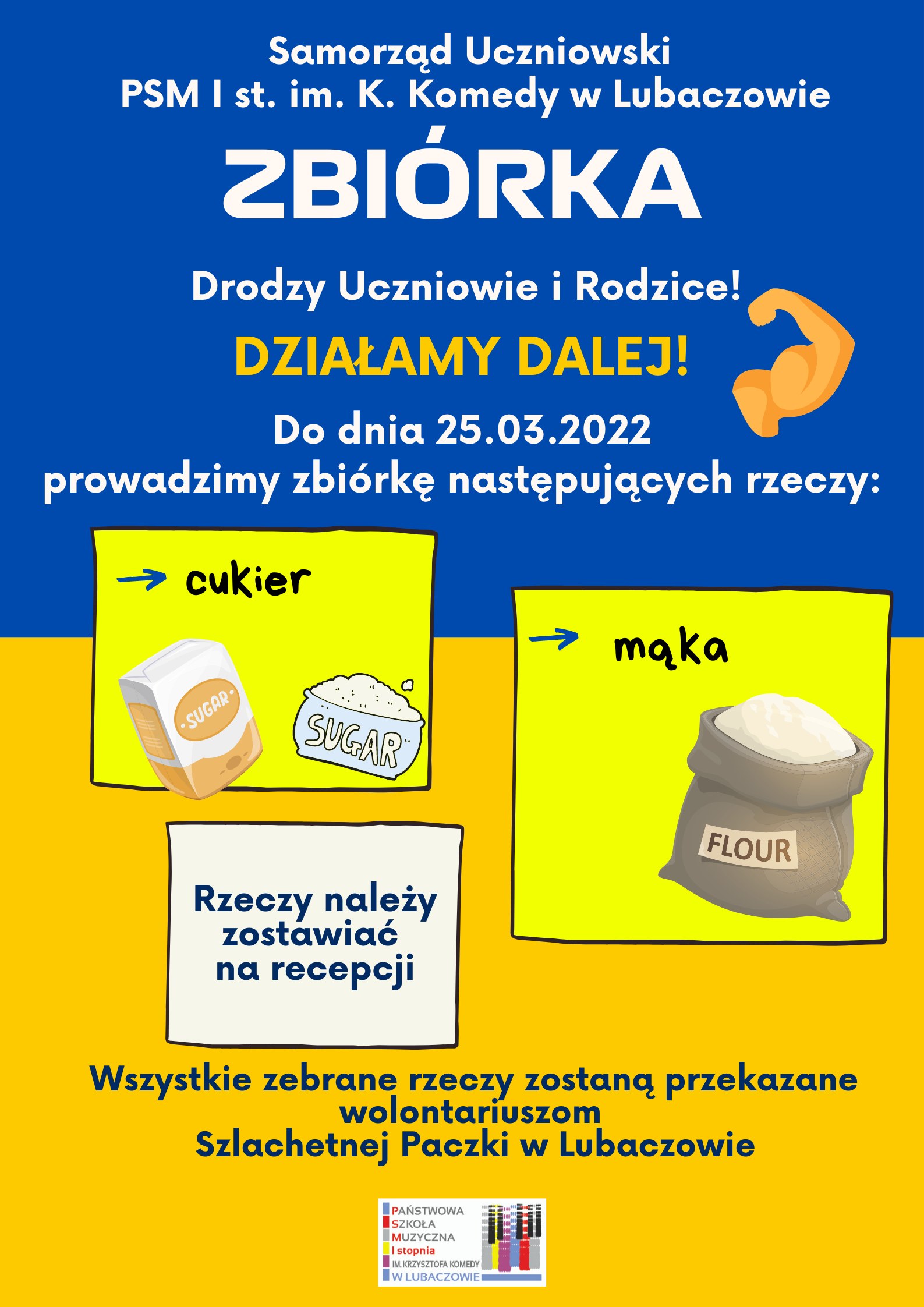 Plakat samorządu uczniowskiego informujący o zbiórce rzeczy dla Uchodźców z Ukrainy