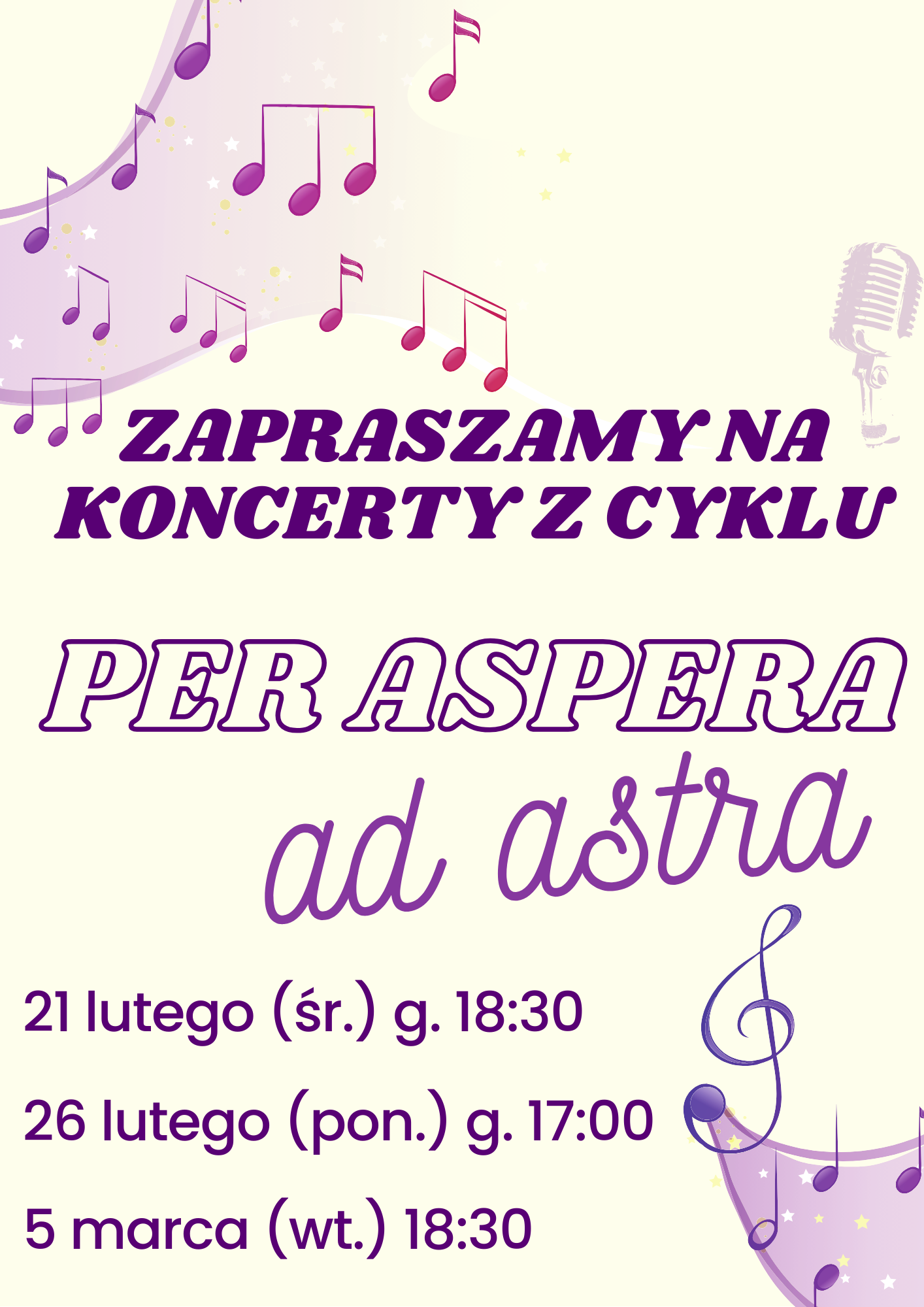 Plakat koncertu z napisanymi na fioletowo szczegółami na białym tle