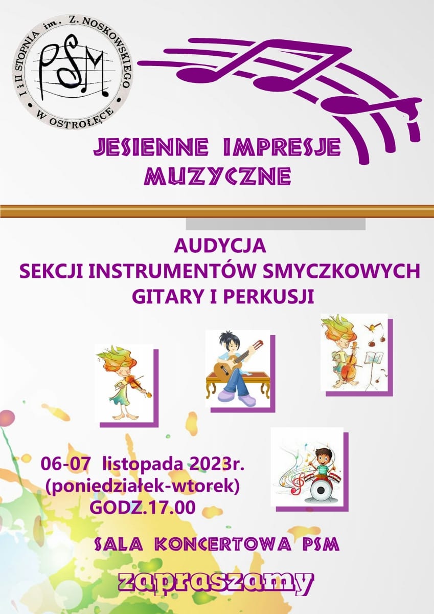 Audycja sekcji instrumentów smyczkowych gitary i perkusji 6-7 listopada 2023 r. godz. 17.00. Sala koncertowa PSM