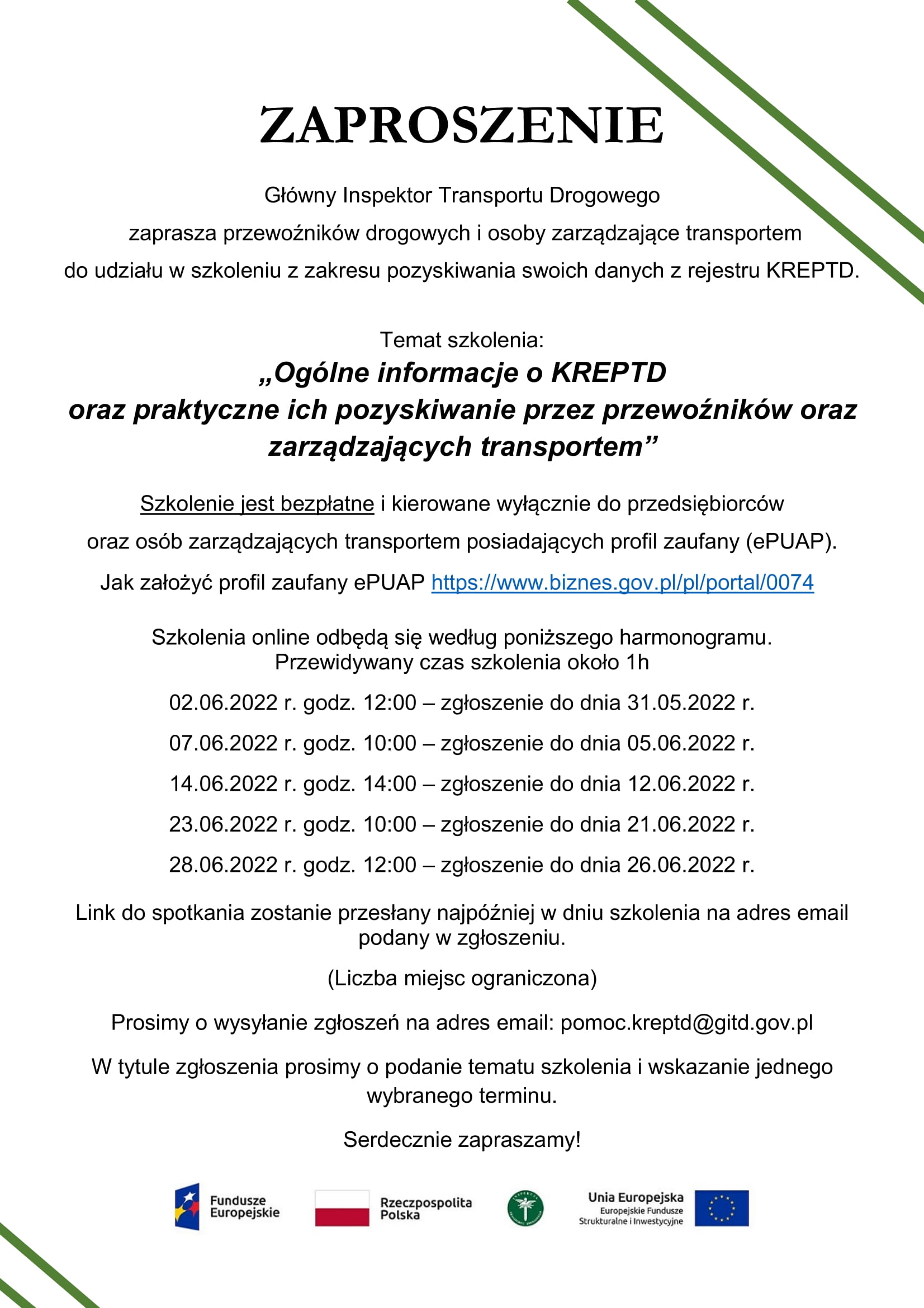 Ulotka KREPTD - zaproszenie na szkolenia w terminach czerwcowych