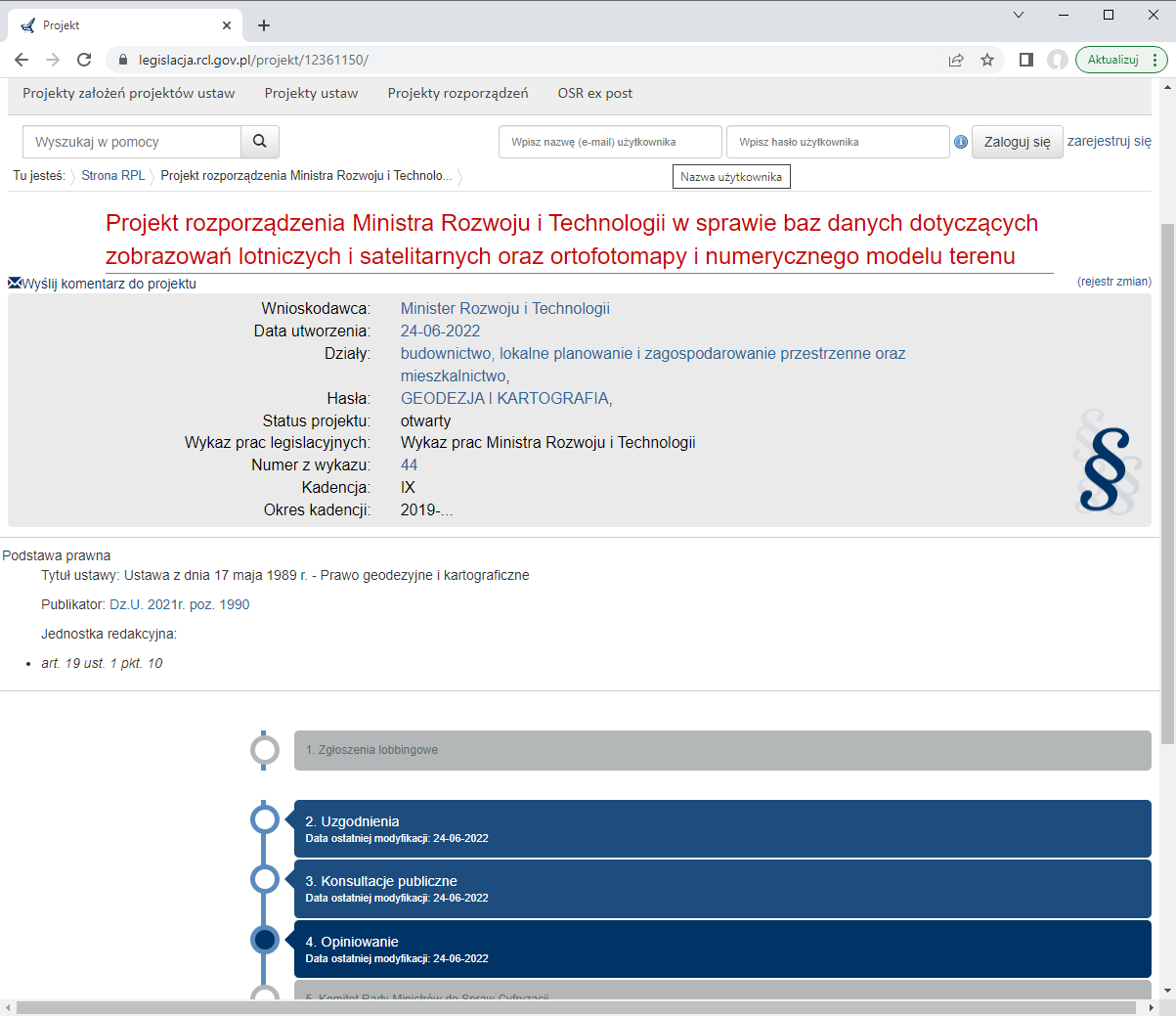 Ilustracja przedstawia zrzut ekranu z serwisu www.legislacja.rcl.gov.pl dotyczący rozporządzenia Ministra Rozwoju i Technologii w sprawie zobrazowań lotniczych i satelitarnych , ortofotomapy i numerycznego modelu terenu.
