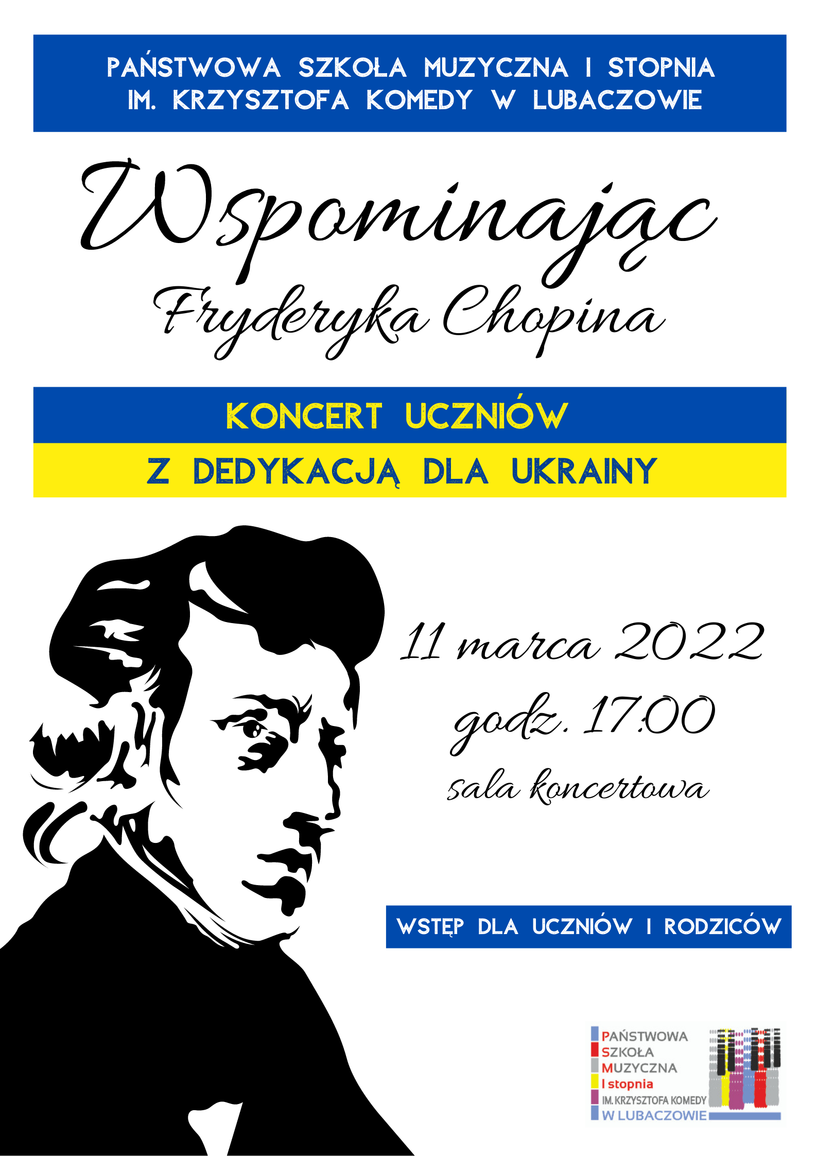 Plakat koncertu uczniów z dedykacją dla Ukrainy - 11 marca 2022 - godz. 17.00
