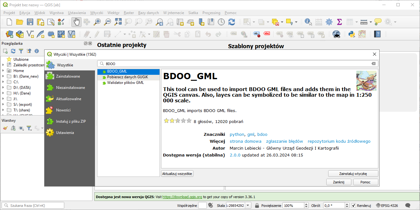 Ilustracja przedstawia sposób instalacji wtyczki BDOO_GML w oprogramowaniu QGIS