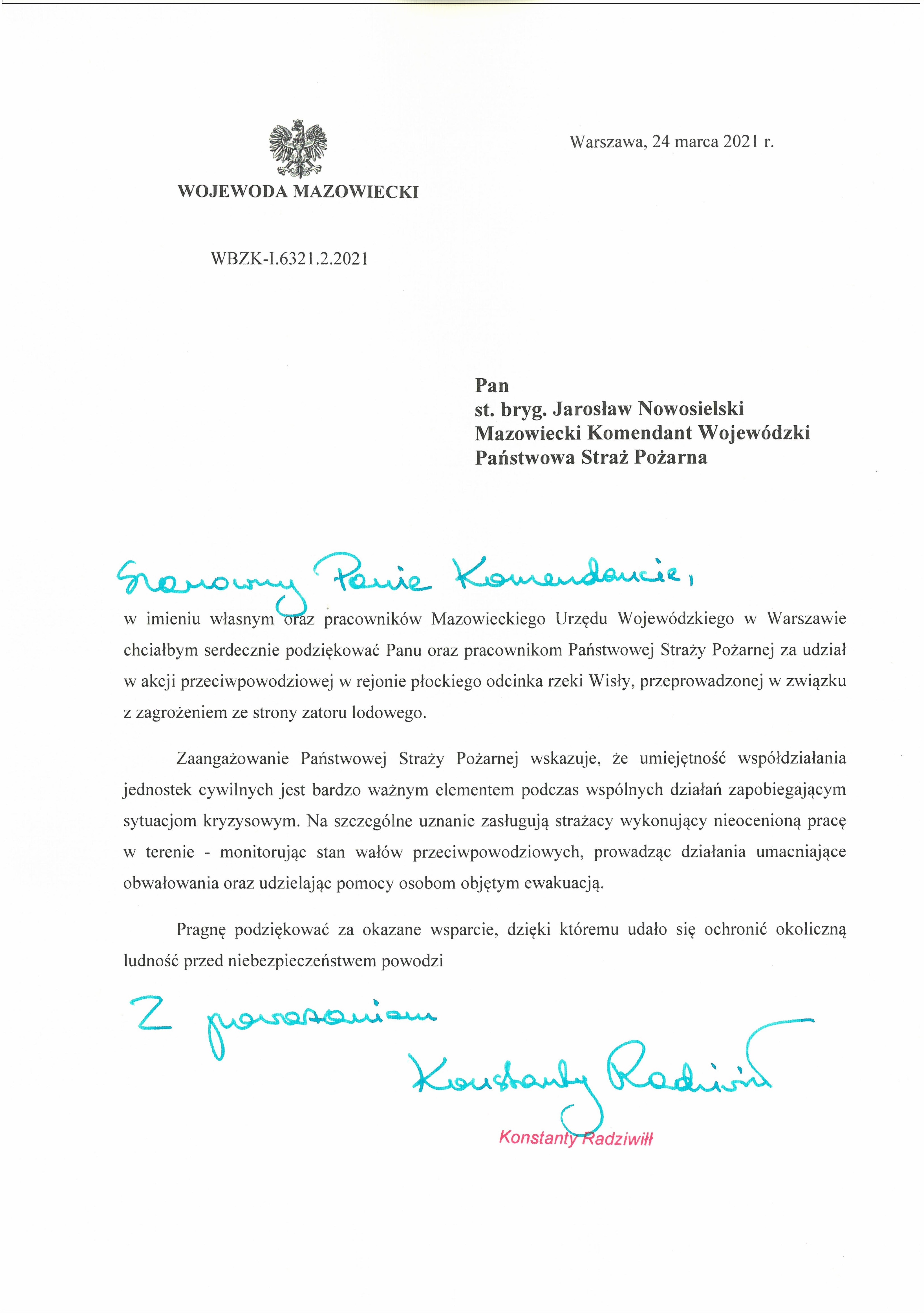 Podziekowanie wojewody mazowieckiego