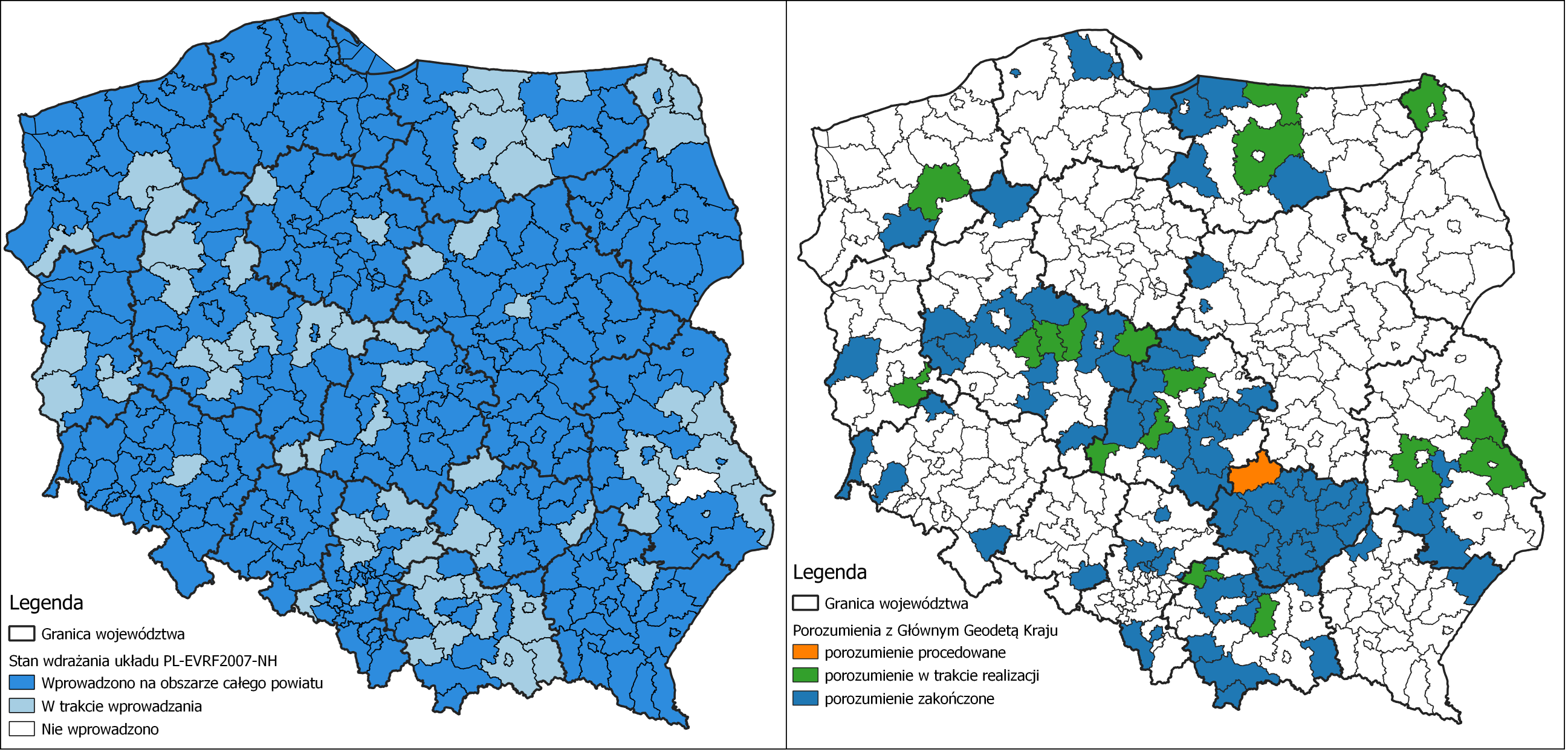 Ilustracja przedstawia zestawione obok siebie dwie mapy Polski z oznaczonym kolorystycznie: stanem wdrożenia układu PL-EVRF2007-NH w powiatach po lewej stronie i powiatami, z którymi zawarte zostało porozumienie po prawej stronie.