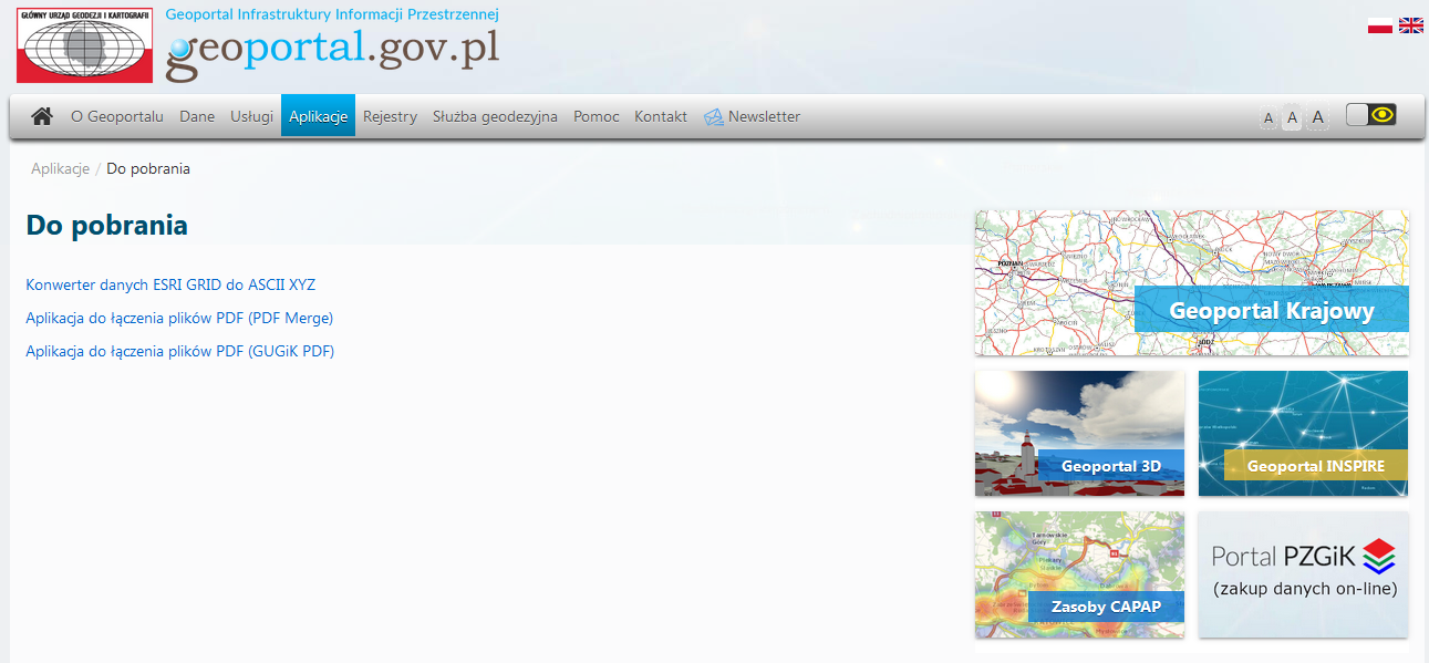 Ilustracja przedstawia widok zakładki "aplikacje/dopobrania" strony www.geoportal.gov.pl
