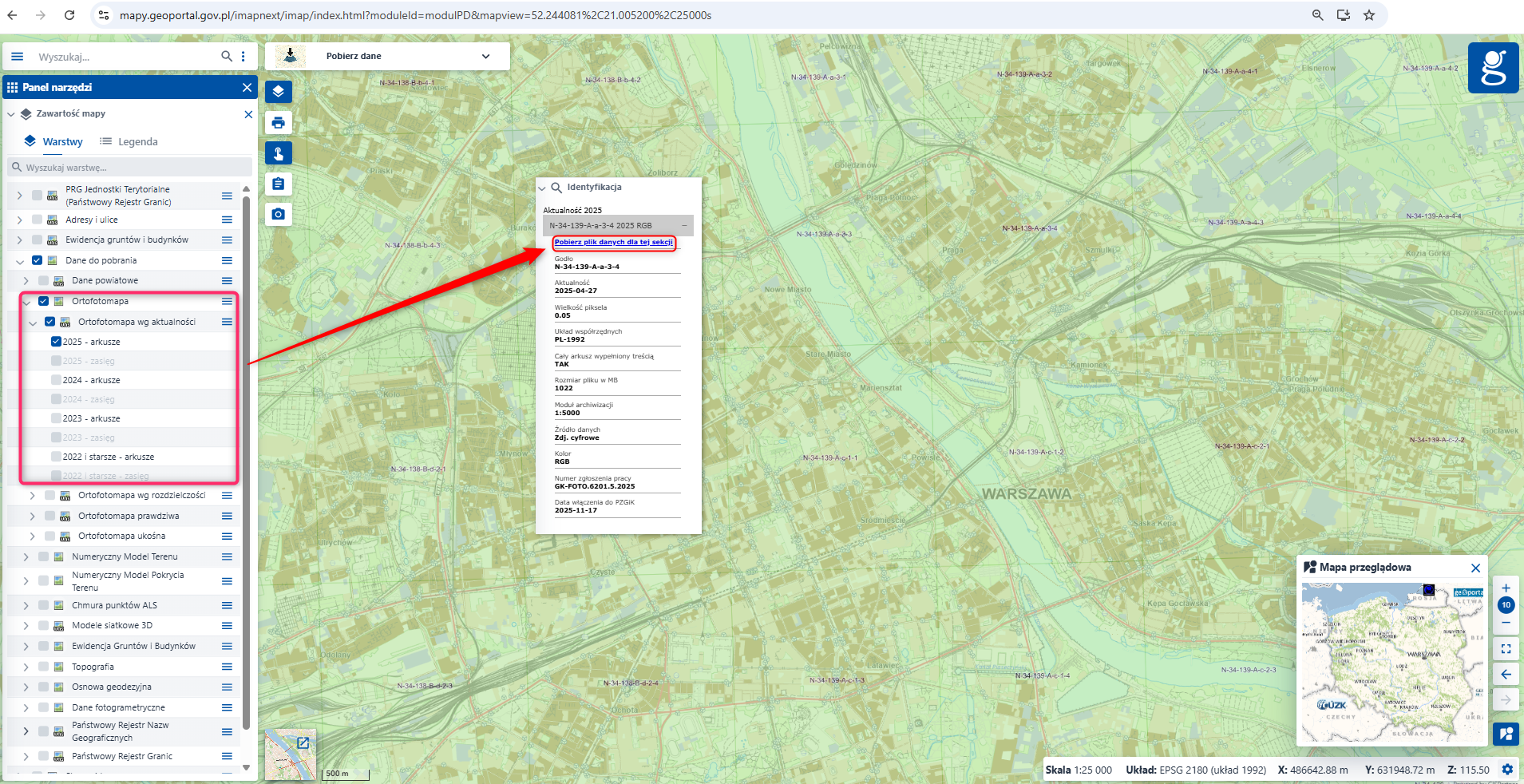 Ilustracja przedstawia zrzut ekranu w jaki sposób pobrać arkusze ortofotomapy z geoportal.gov.pl. 