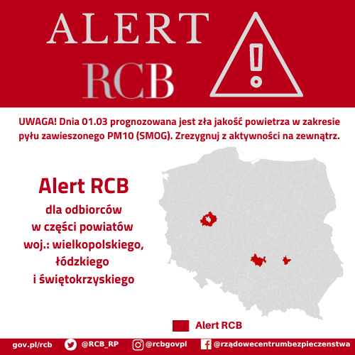 Alert RCB - 1 marca, smog. Kolorem czerwonym zaznaczony jest obszar alarmowania.