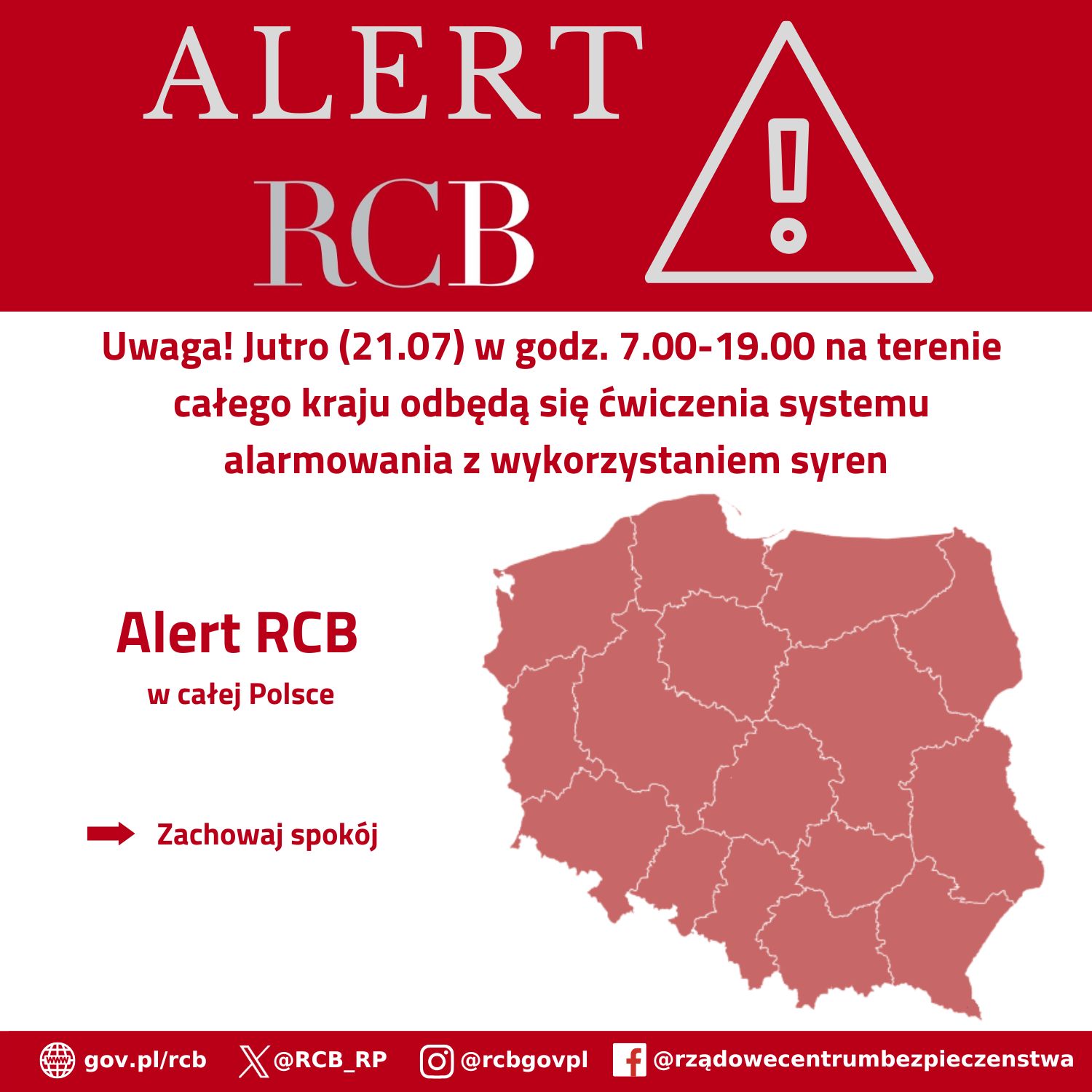 Alert RCB 20 lipca o ogólnokrajowych ćwiczeniach systemu alarmowania z wykorzystaniem syren