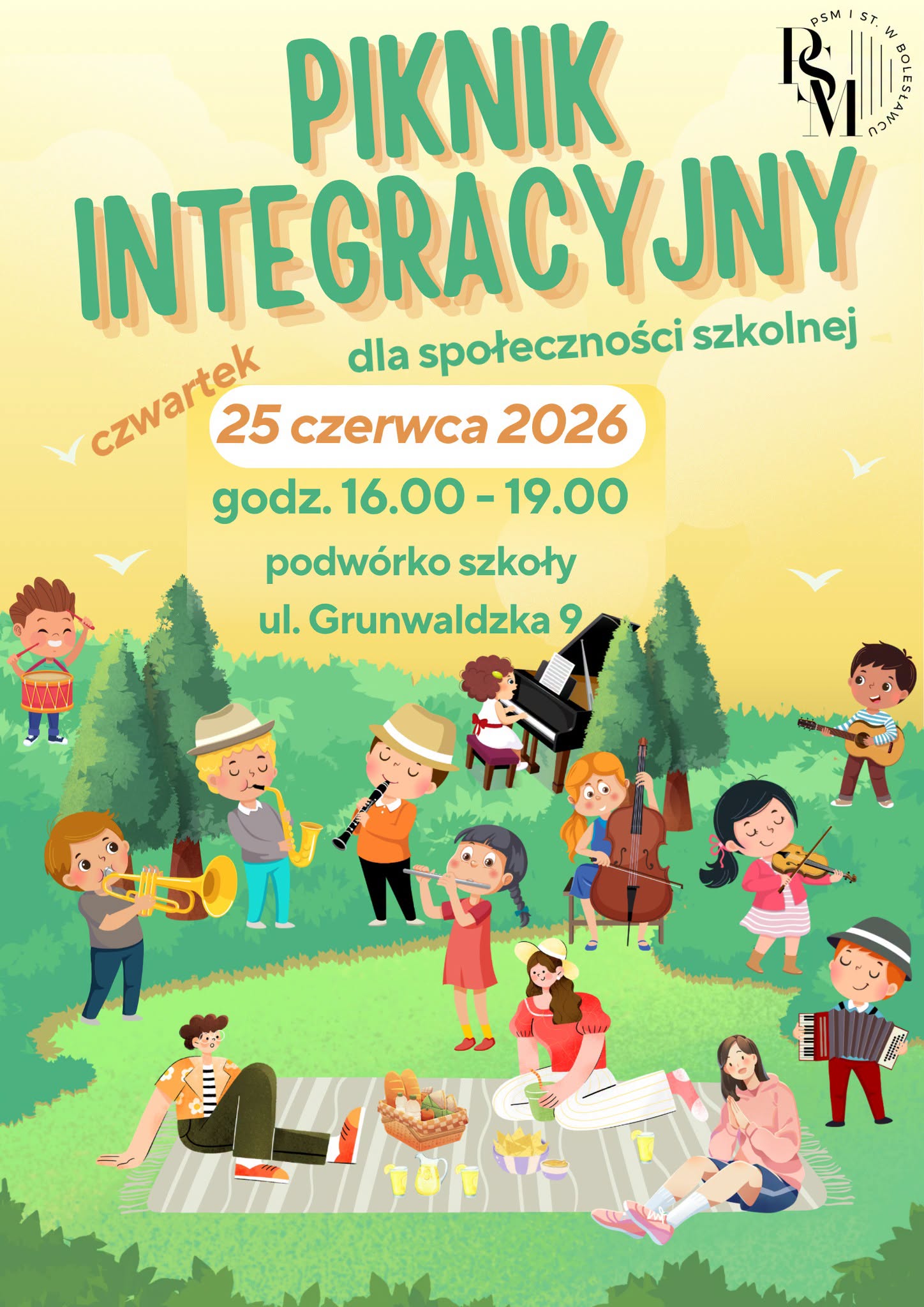 Grafika z widoczną polaną oraz drzewami. Na polanie znajdują się ikonografie postaci grających na różnych instrumentach muzycznych, jak na przykład skrzypce, gitara, wiolonczela, perkusja, fortepian, akordeon, flet, klarnet i saksofon. W centrum siedzą biwakujące na kocu postacie. W tle znajdują się napisy: "Piknik integracyjny dla społeczności szkolnej. Czwartek, 25 czerwca 2026 r., godz. 16.00 - 19.00. Podwórko szkoły. ul. Grunwaldzka 9".