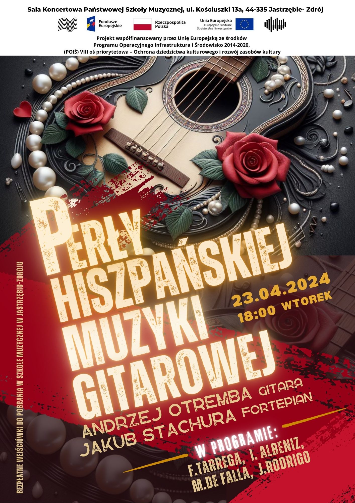 Plakat na Koncert Perły Hiszpańskiej Muzyki Gitarowej.