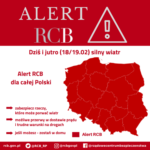ALERT RCB - 18-19 lutego – silny wiatr.Rządowe Centrum Bezpieczeństwa ostrzega przed silnym wiatrem/Fot.: RCB