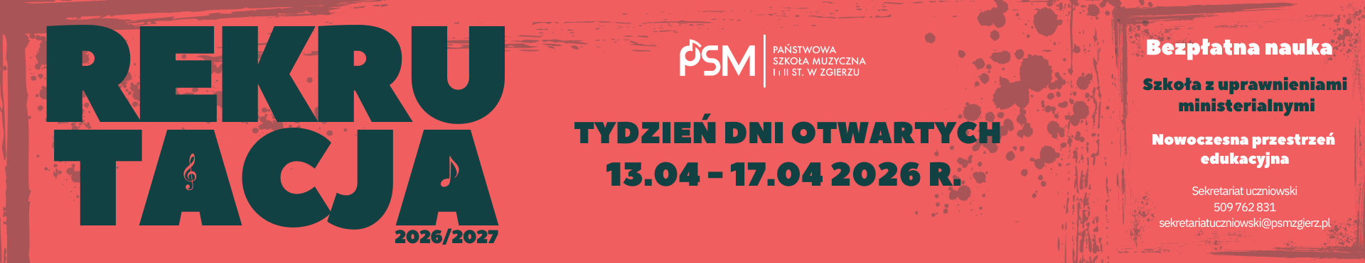 Baner reklamowy. Na czerwonym tle, po lewej stronie, czarny napis: 