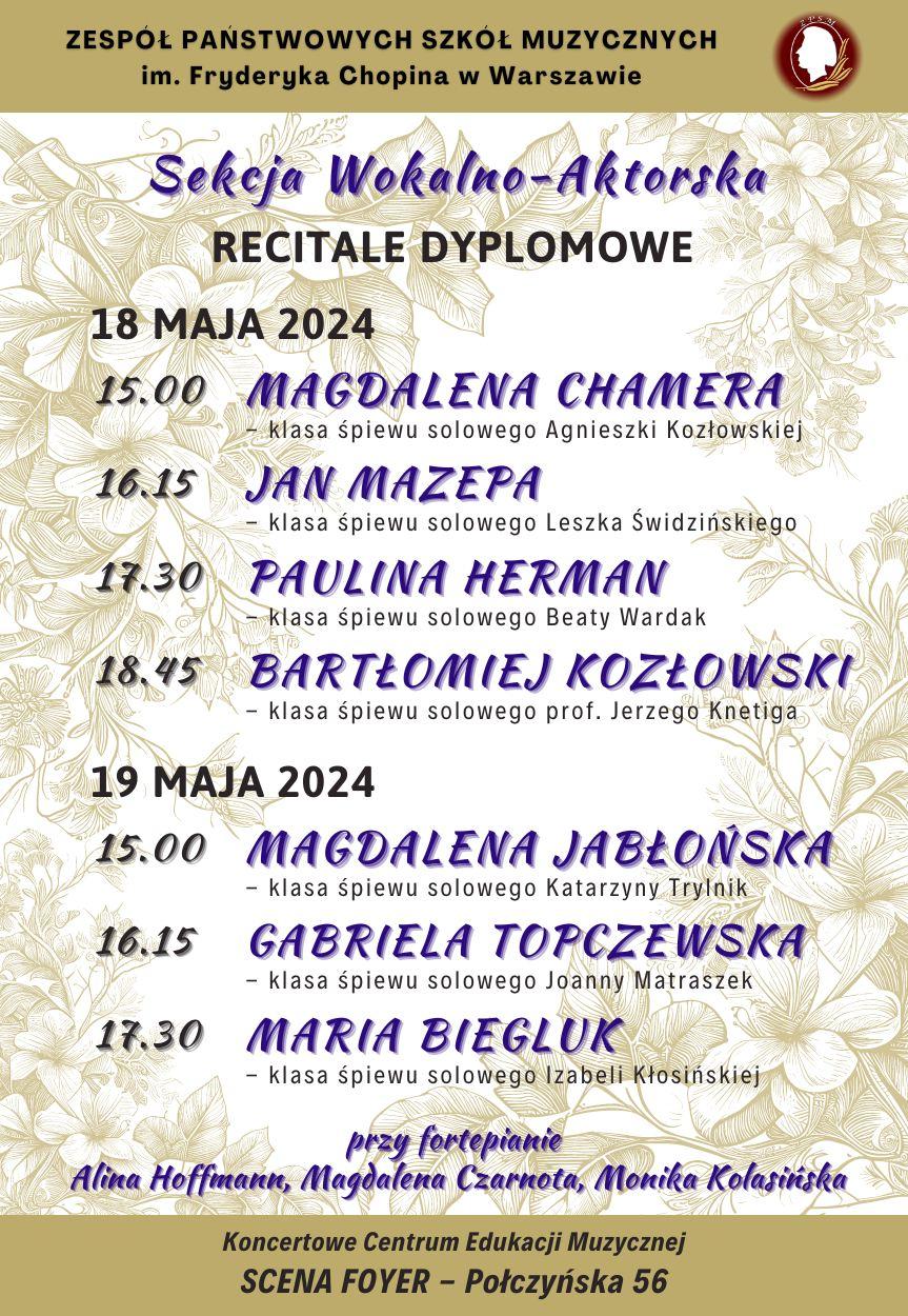 Afisz - Recitale dyplomowe uczniów sekcji wokalno–aktorskiej.