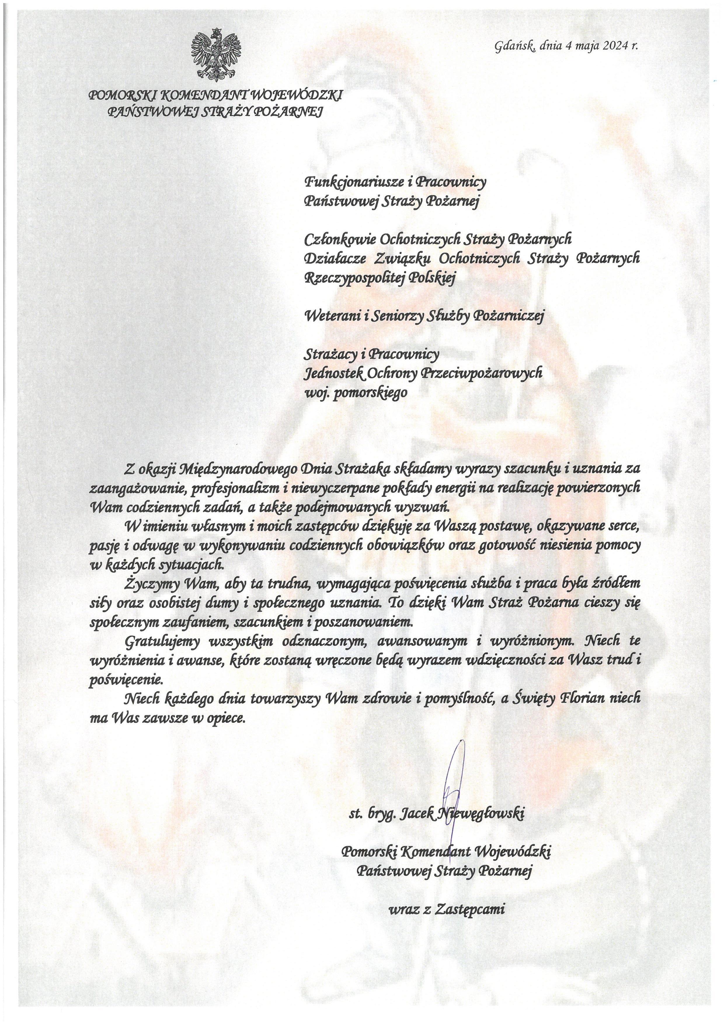Życzenia z okazji Dnia Strażaka Kierownictwa Komendy Wojewódzkiej PSP
