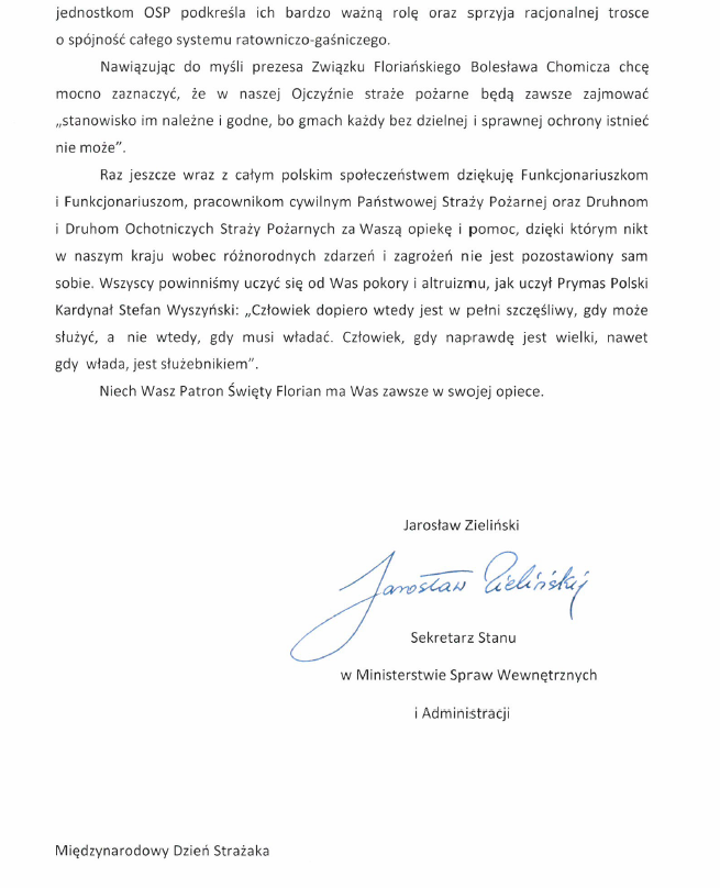 List z życzeniami Sekretarza Stanu w MSWiA Jarosława Zielińskiego z okazji Dnia Strażaka