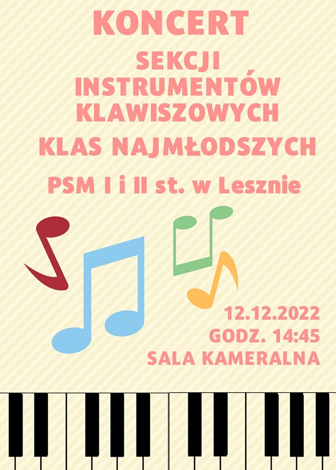 Plakat z kremowym tłem i czerwonymi napisami, w środku kolorowe nuty, u dołu klawiatura fortepianowa