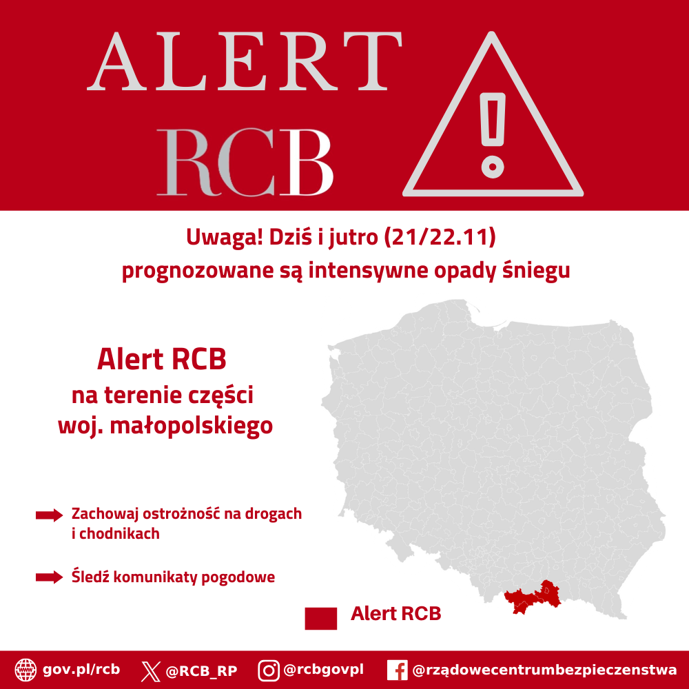 Alert RCB odnośnie intensywnych opadów śniegu - aktualizacja terenu.