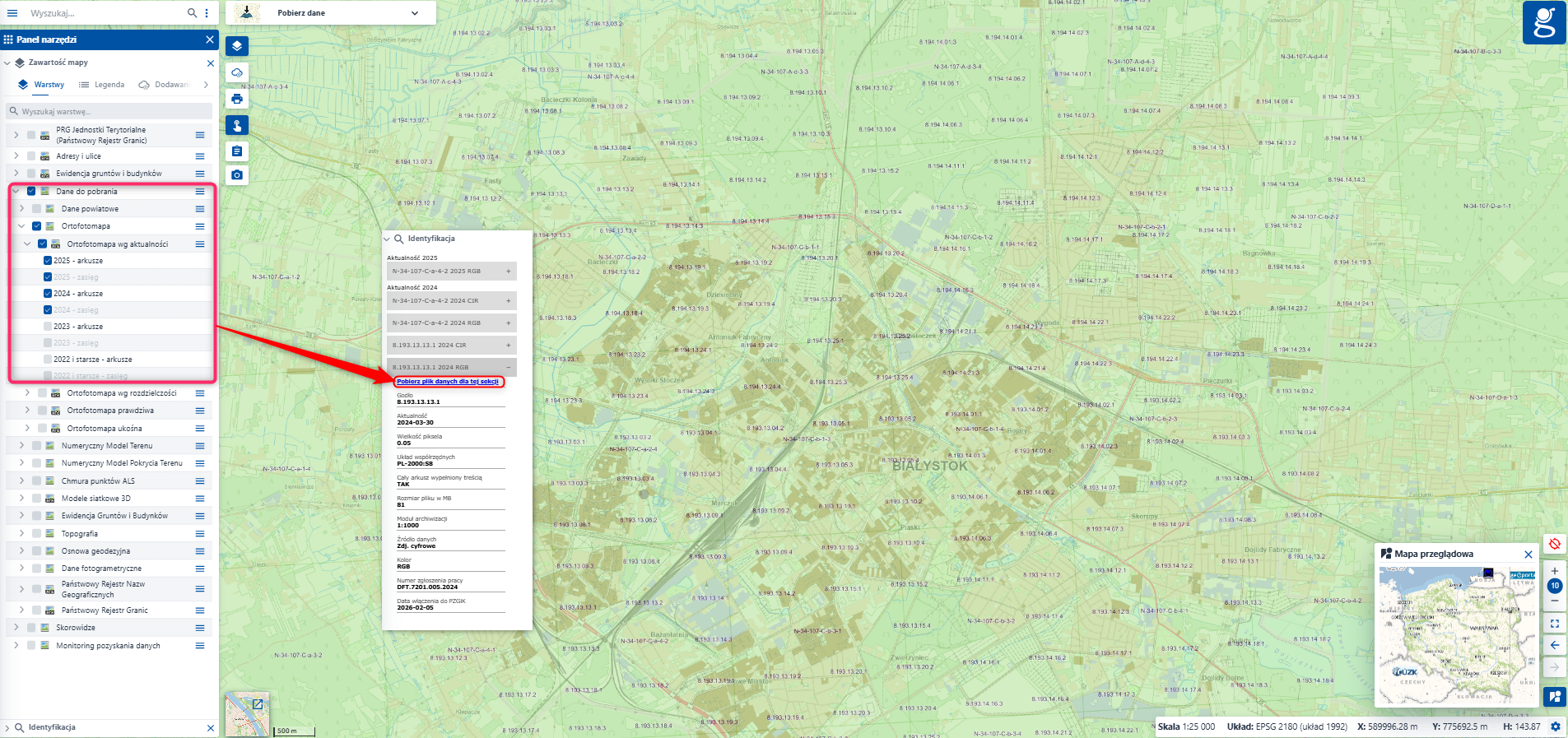Ilustracja przedstawia zrzut ekranu w jaki sposób pobrać arkusze ortofotomapy z geoportal.gov.pl