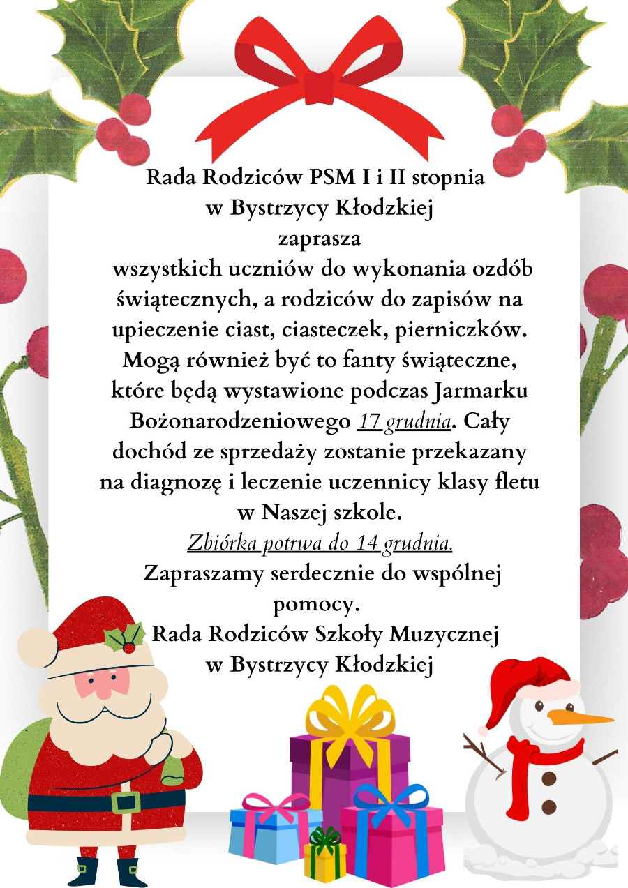 Plakat Rady Rodziców z długą informacją zapraszajacą na Jarmark 17 grudnia 2022, na dole grafiki Świętego Mikołaja, bałwana oraz prezentów