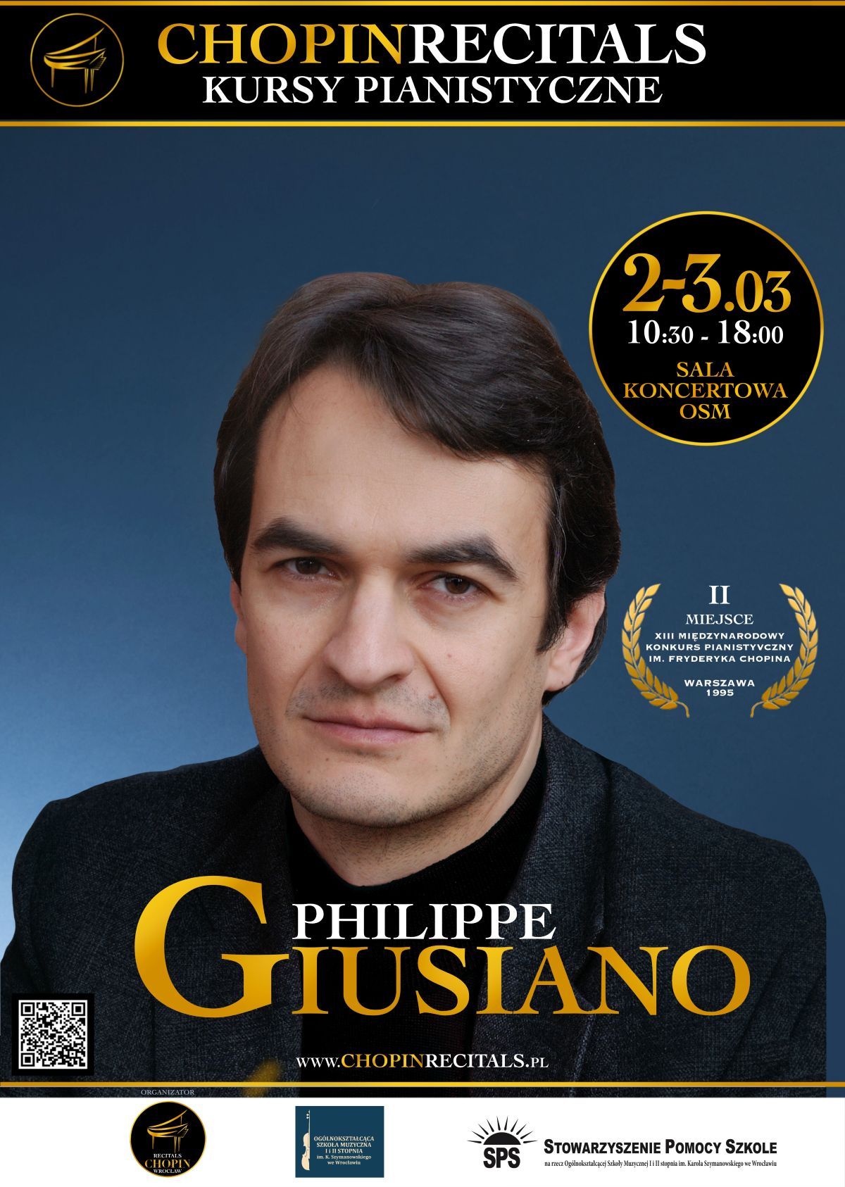 plakat zapowiadający kursy pianistyczne- Chopin Recitals. Zawiera zdjęcie Philippe Giusano o raz loga szkoły i patronów