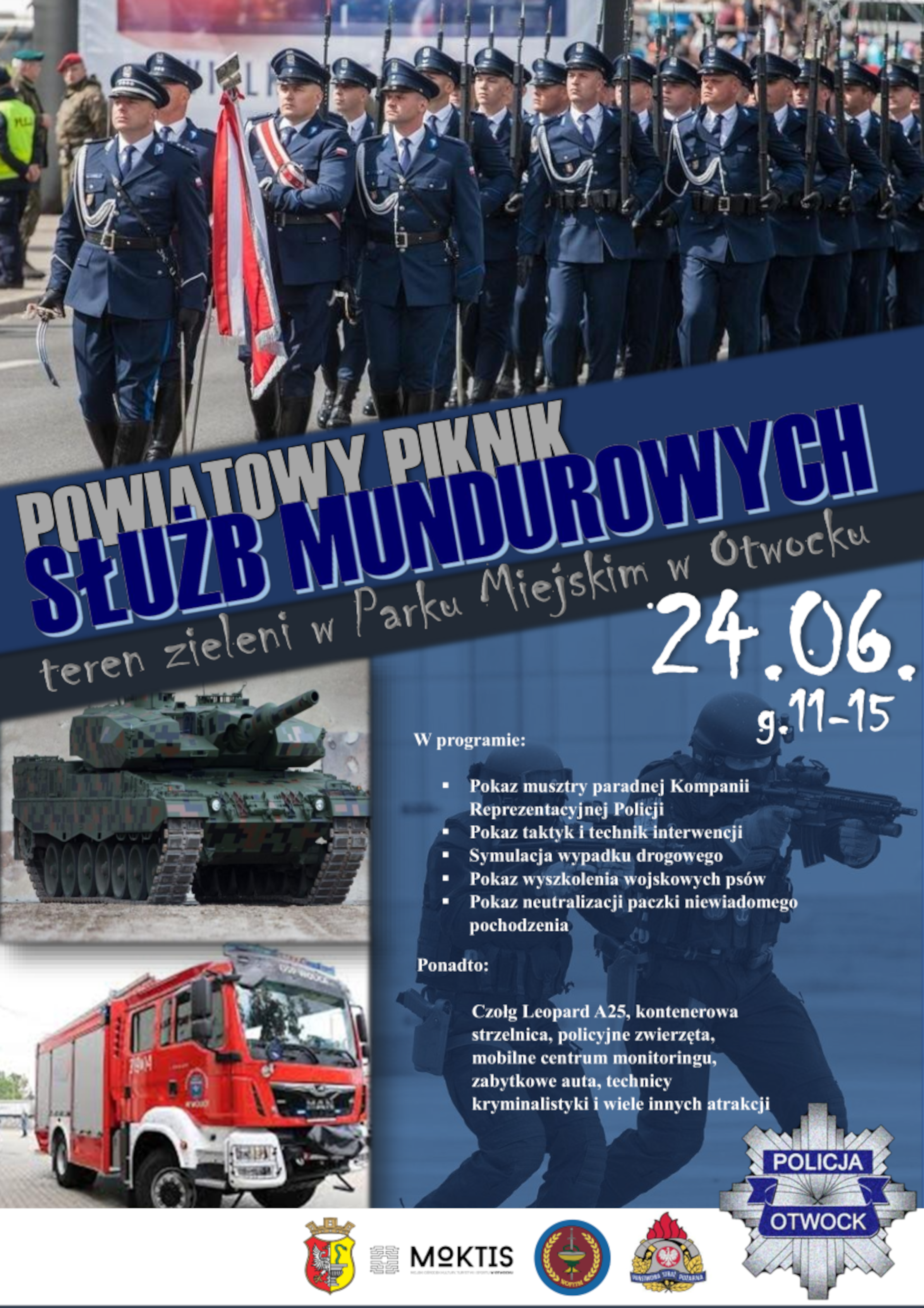 Zaproszenie na powiatowy piknik służb mundurowych który odbędzie się 24 czerwca w parku miejskim w otowcku w godzinach 11-15