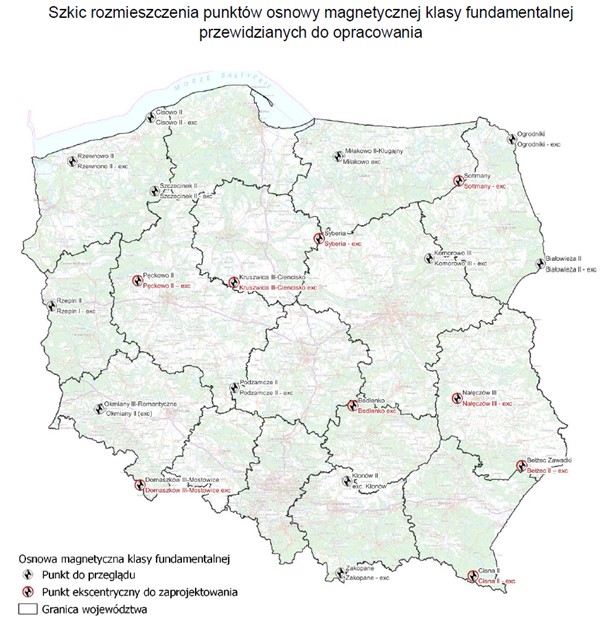 Ilustracja przedstawia mapę Polski z rozmieszczeniem punktów do przeglądu i zaprojektowania w ramach umowy.
