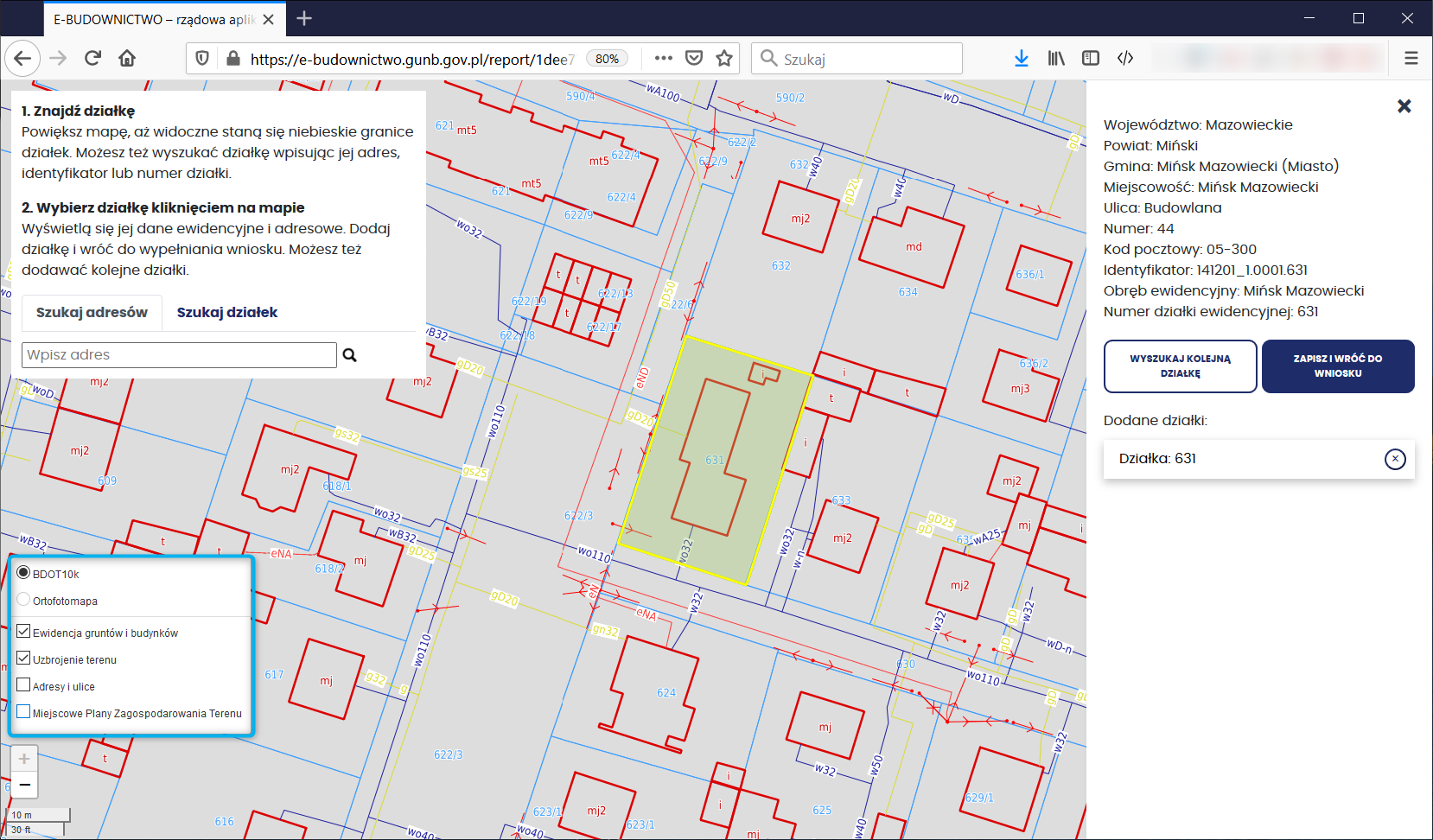 Widok kontrolki mapowej w portalu e-budownictwo z zaznaczonymi elementami sterowania widocznością warstw.