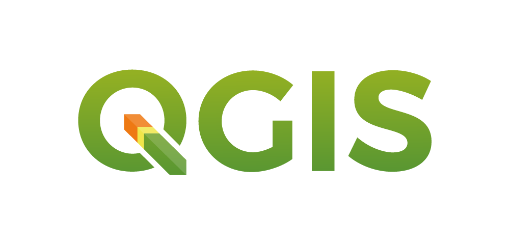 Logo QGIS. Na białym tle wielkie, zielone litery QGIS. 