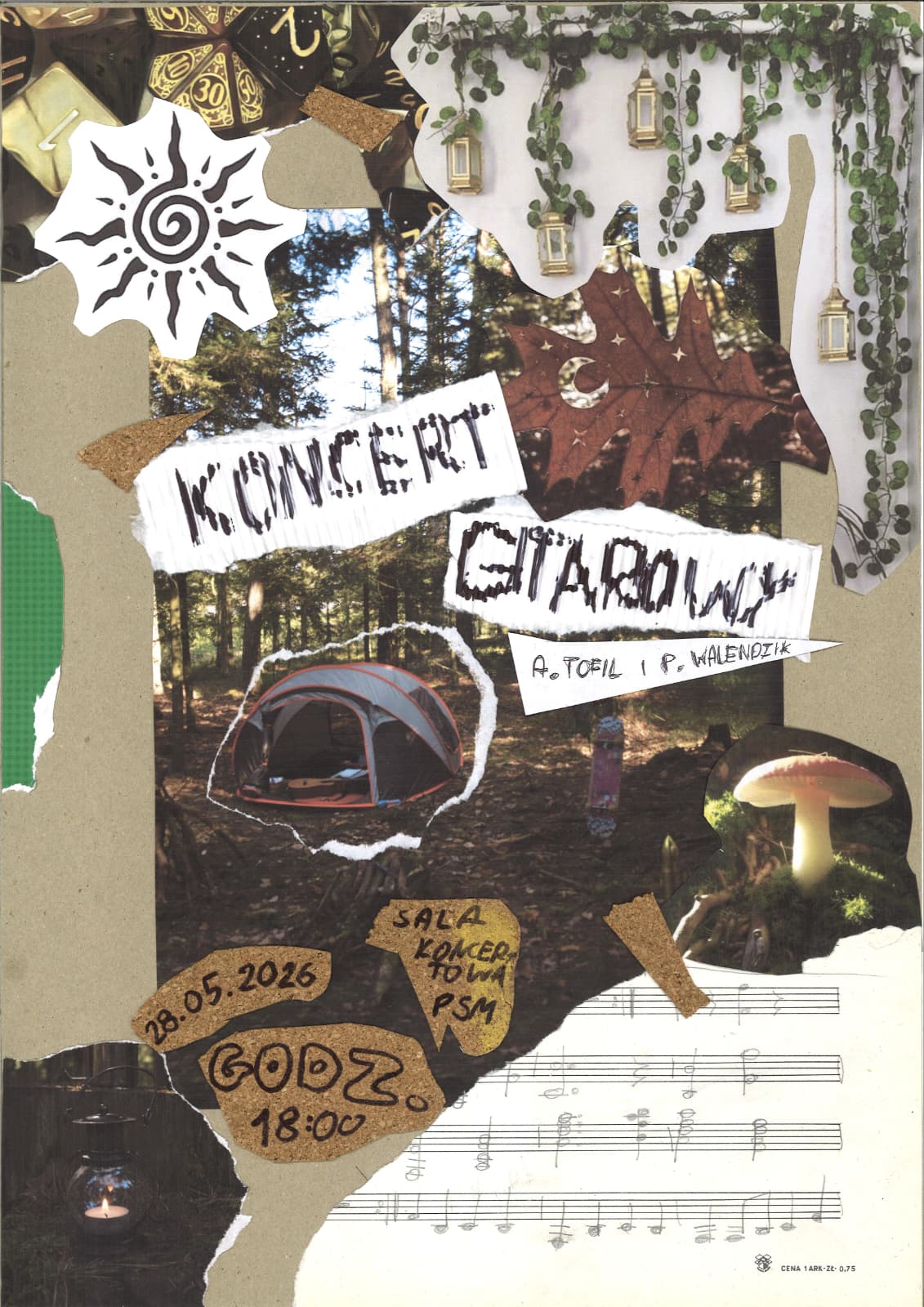 Kolaż artystyczny zapowiadający koncert gitarowy. Centralnie widnieje napis „KONCERT GITAROWY” z imionami i nazwiskami wykonawców: A. Tofil i P. Walendzik. W tle znajdują się elementy przyrody: las, namiot kempingowy, grzyb oraz liście. Na dole kolażu widnieje data i godzina wydarzenia: 28.05.2026, godz. 18:00, a także nazwa sali koncertowej: Sala Koncertowa PSM. Dodatkowo widoczne są nuty muzyczne, ozdobne lampki oraz symbol słońca.