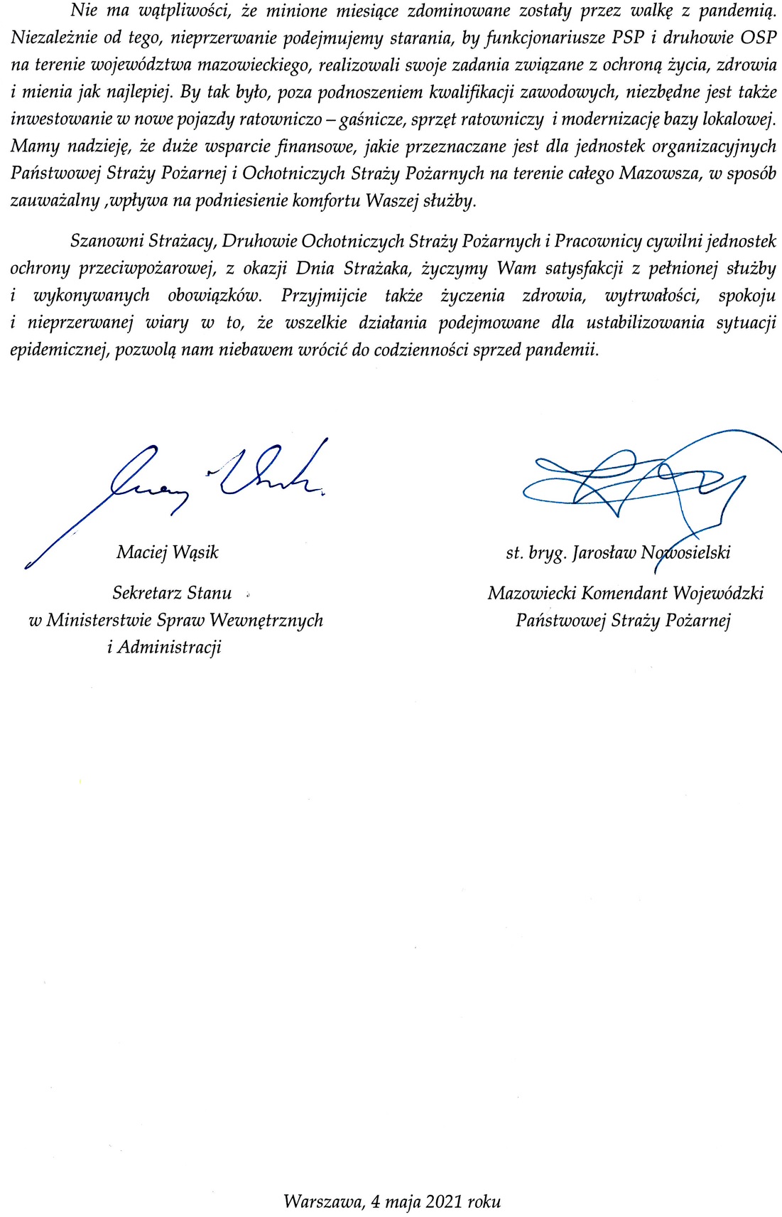 Życzenia Wiceministra Spraw Wewnętrznych i Administracji oraz Mazowieckiego Komendanta Wojewódzkiego PSP z okazji Dnia Strażaka