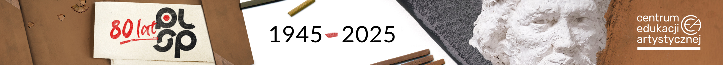logo PLSP, napis 1945-2025, portret rzeźbiarski Wojciecha Gersona, logo CEA