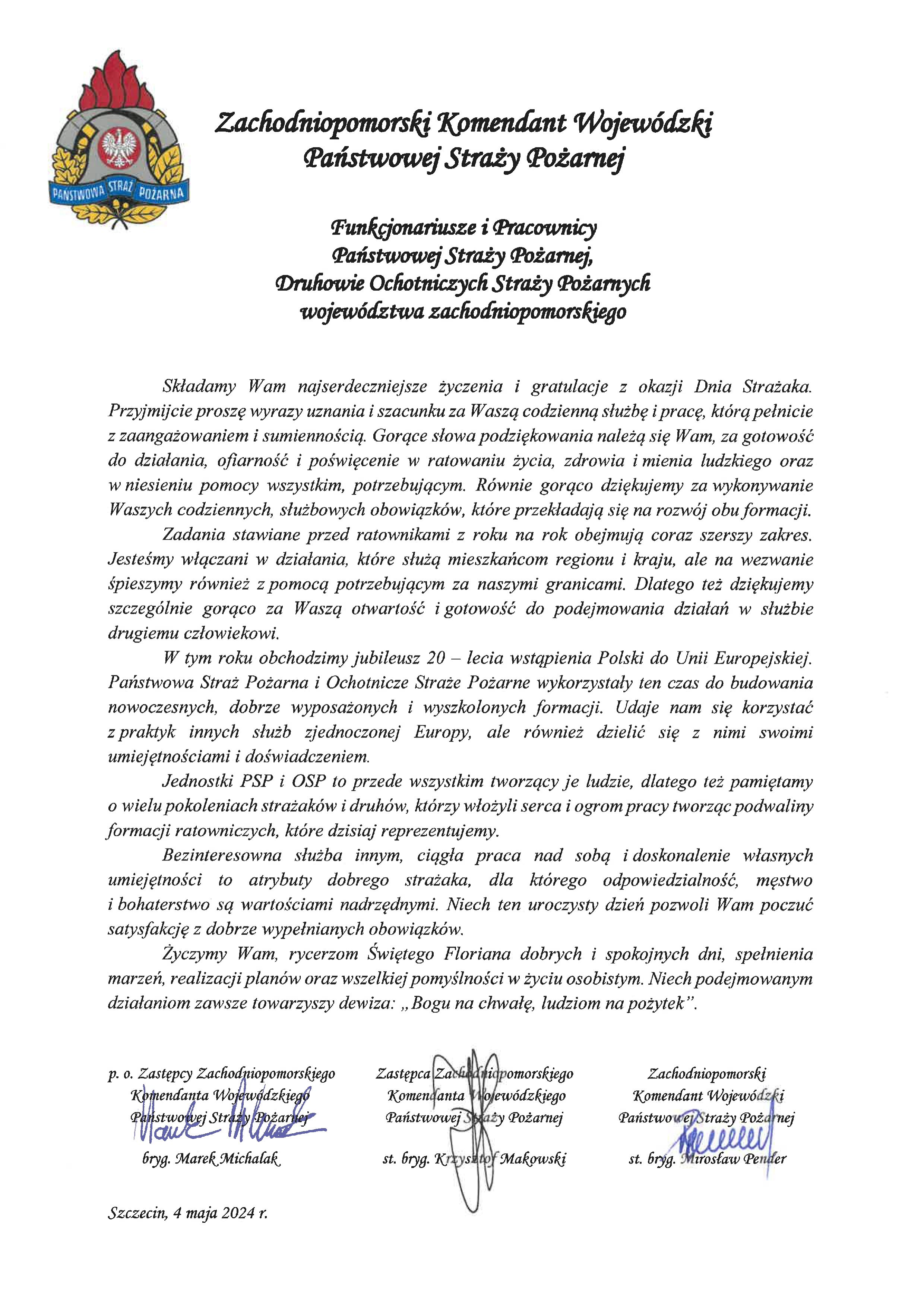 Życzenia Zachodniopomorskiego Komendanta Wojewódzkiego PSP z okazji Dnia Strażaka