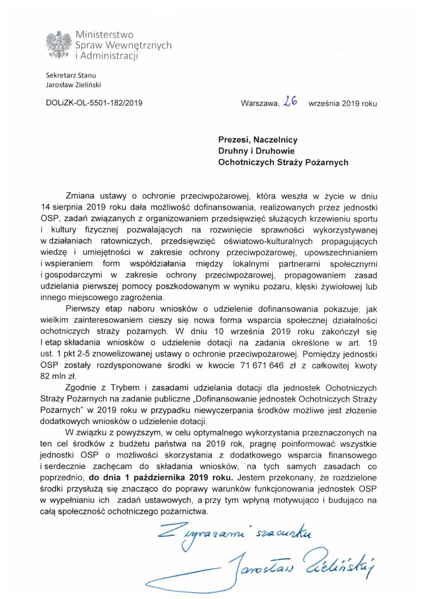 List Sekretarza Stanu MSWiA Jarosława Zielińśkiego do druhen i druhów ochotniczych straży pożarnych