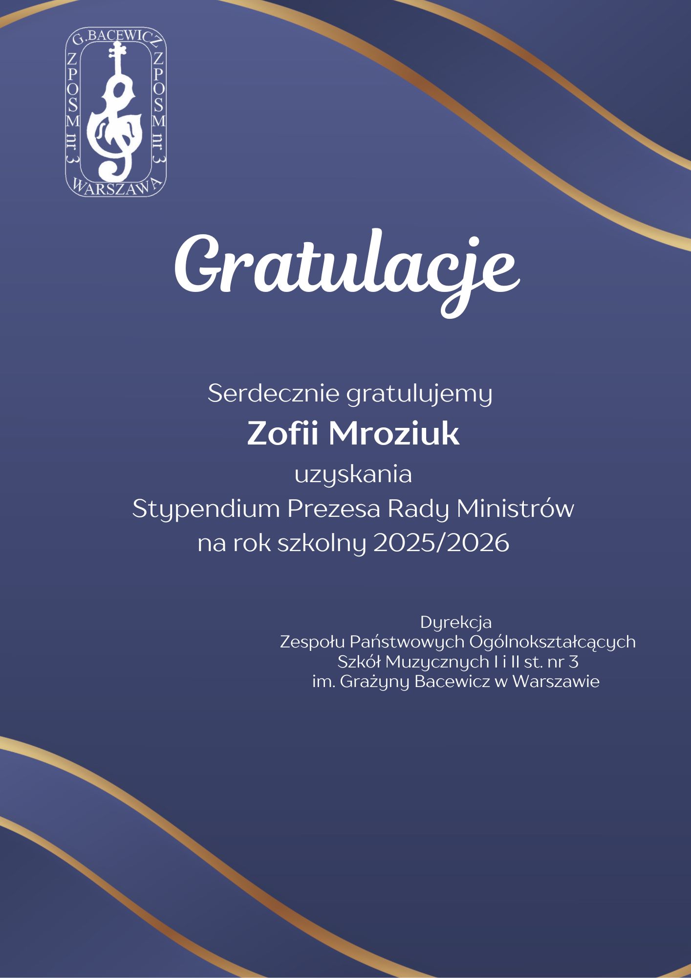 Dyplom gratulacyjny od dyrekcji dla Zofi Mroziuk