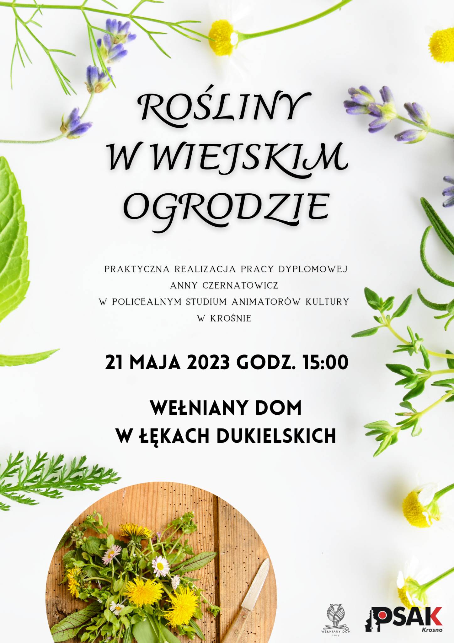 Plakat informujący o pracy dyplomowej Anny Czernatowicz. Plakat ma białe tło. Na górze czarna napisy i tytuł pracy. Poniżej informacje gdzie i kiedy odbędzie się obrona pracy dyplomowej. Po bokach i na dole kwiaty. 