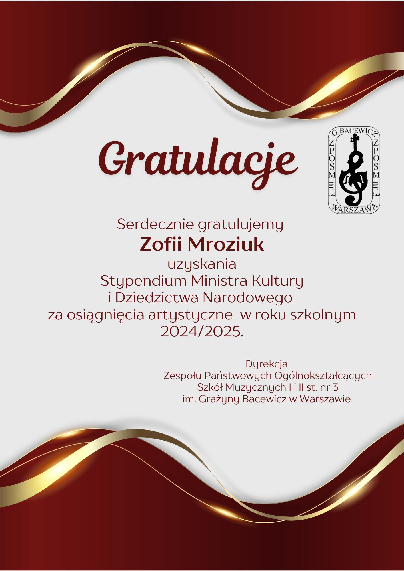 Dyplom gratulacyjny od dyrekcji dla Zofi Mroziuk