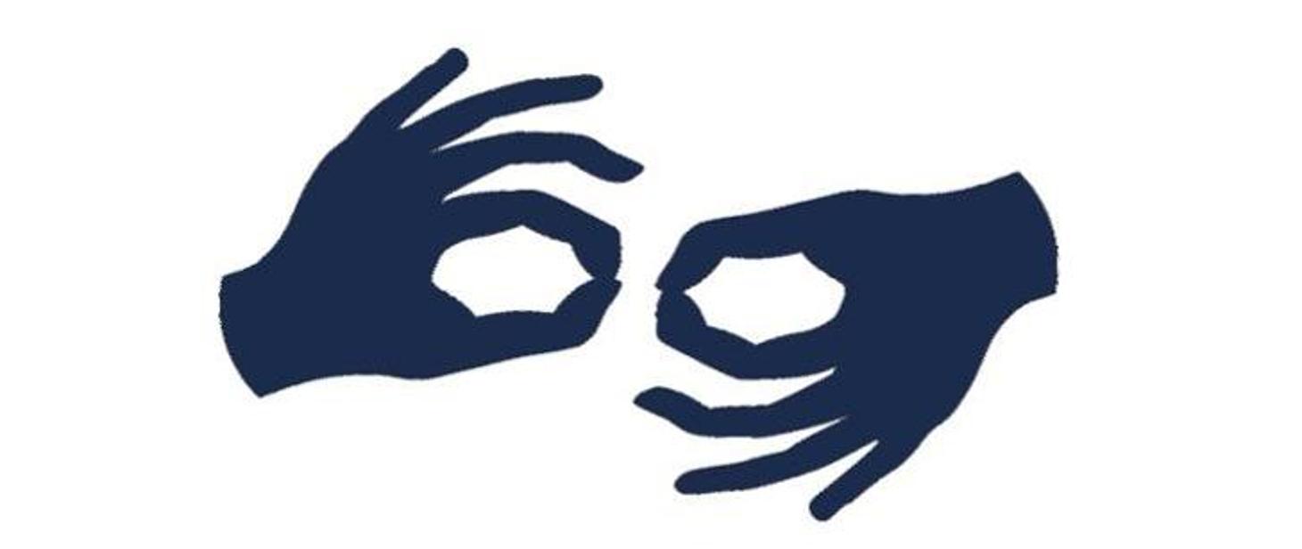 Grafika przedstawia narysowane na białym tle dwie dłonie symbolizujące język migowy.