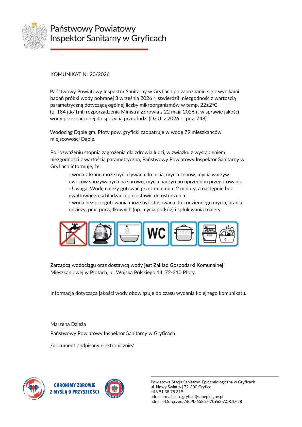 Komunikat PPIS w Gryficach nr 20/2026. Woda z wodociągu Dąbie wymaga przegotowania przed spożyciem, myciem zębów, myciem surowych warzyw i owoców oraz myciem naczyń. Bez przegotowania może być używana do kąpieli, prania, sprzątania i spłukiwania toalety.