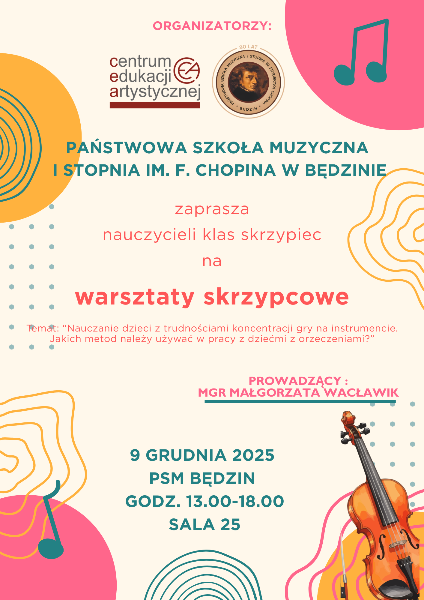 plakat na kremowym tle, po bokach kolorowe elementy, na środku opis wydarzenia