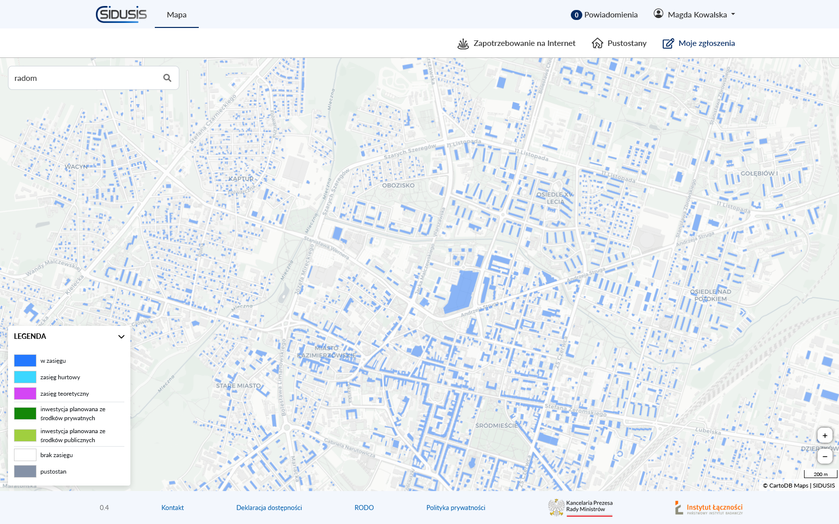 Zrzut ekranu mapy dostępności w systemie SIDUSIS
